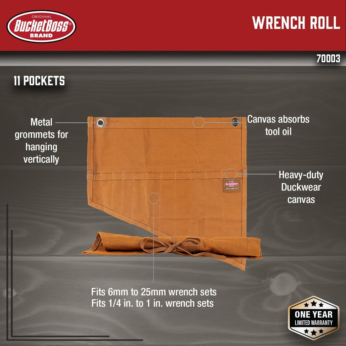 Bucketboss 70003 Tool and Wrench Set Roll with 11 Pockets in Brown