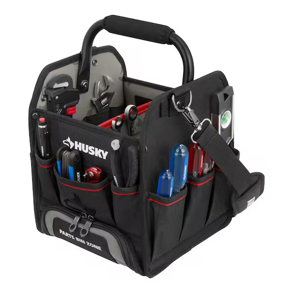 Husky Tool Tote Bag 10in Heavy Duty Tool Organizer Parts Bin Shoulder Strap