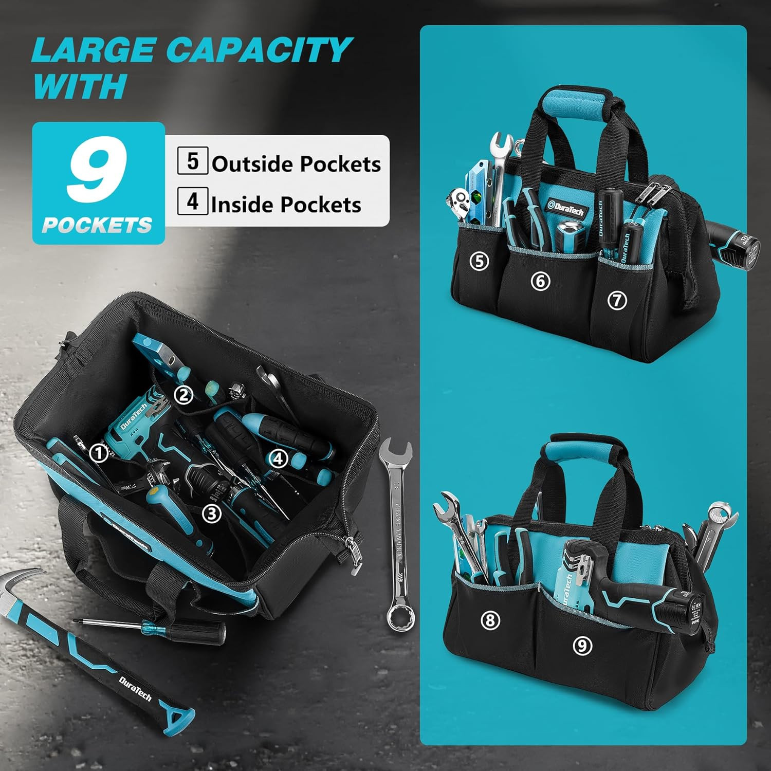 13-Inch Small Tool Bag with 9 Pockets, Tool Bags for Men Women, Toolbag with Thi