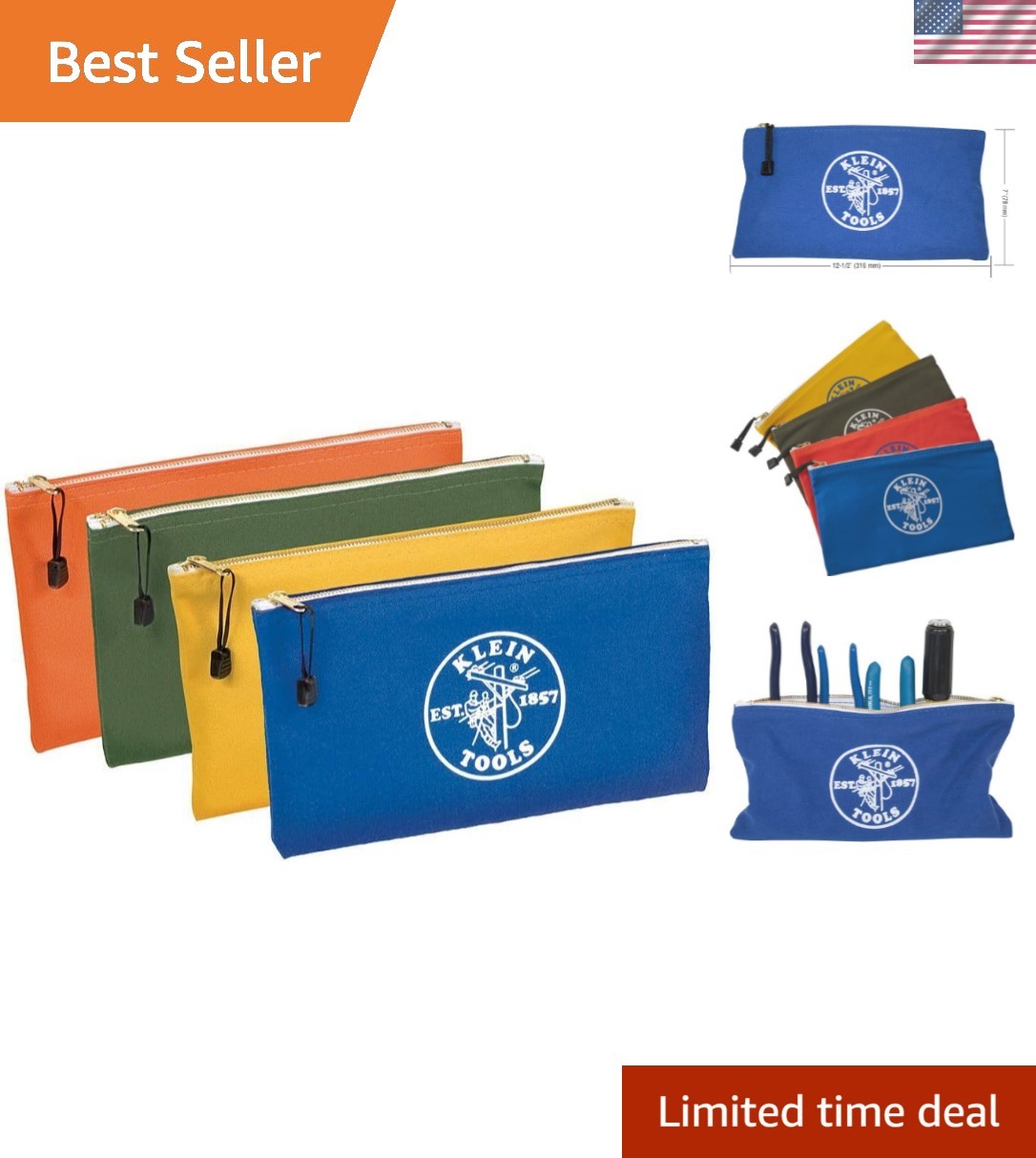 12.5 x 7-Inch Klein Tools Canvas Zipper Bags – Assorted Colors for Easy Sorting