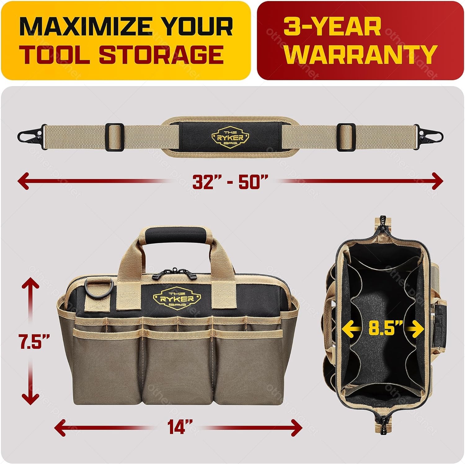 Ryker 14in Heavy Duty Tool Bag 22 Pocket Mechanic Plumber Organizer