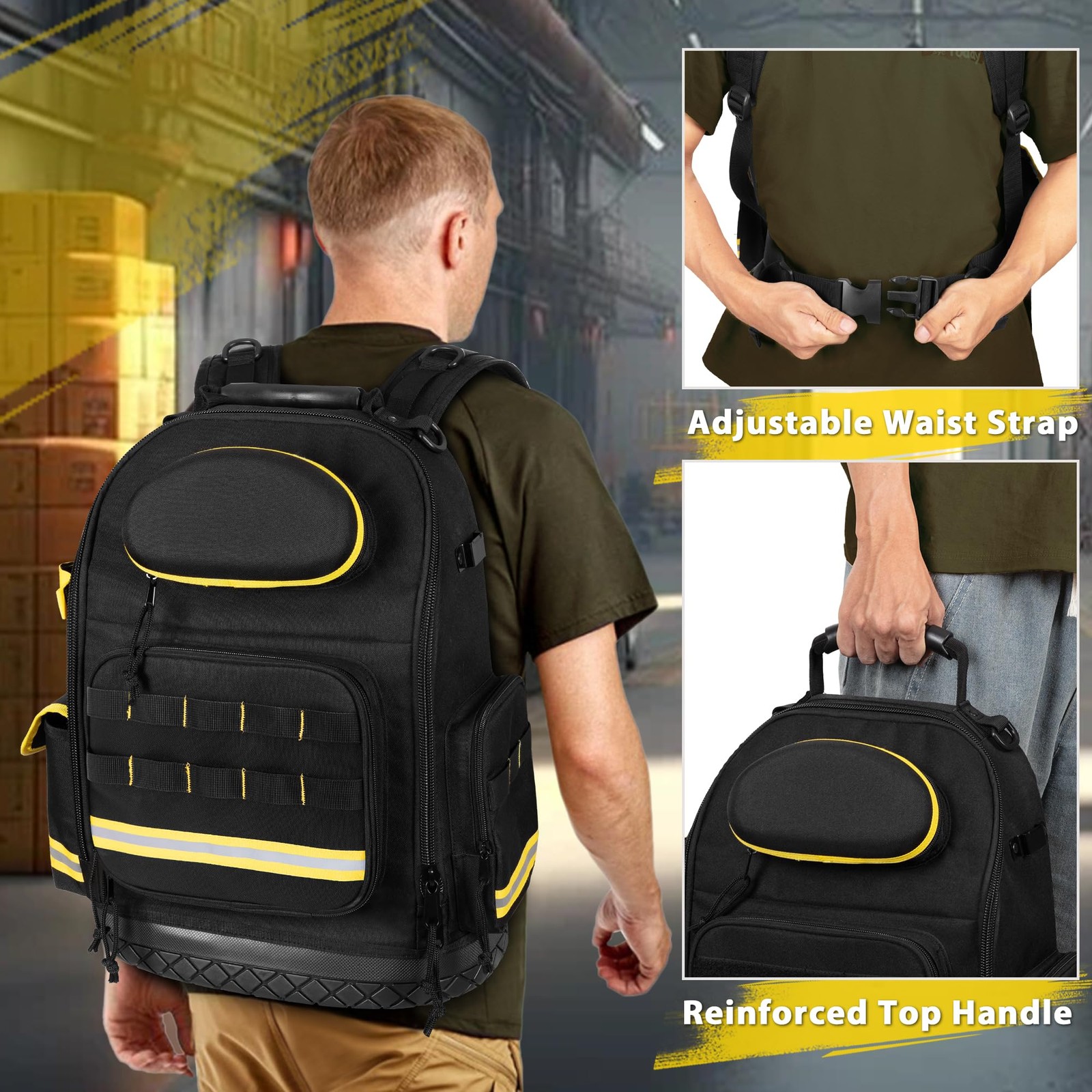 Heavy Duty Tool Backpack Hard Bottom Organizer Bag with 3 Pouches Storage