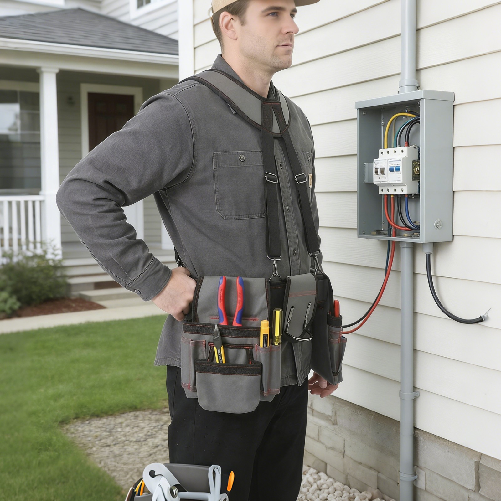 Heavy Duty Tool Bag with Suspenders, Multifunctional Electrician Tool Bag