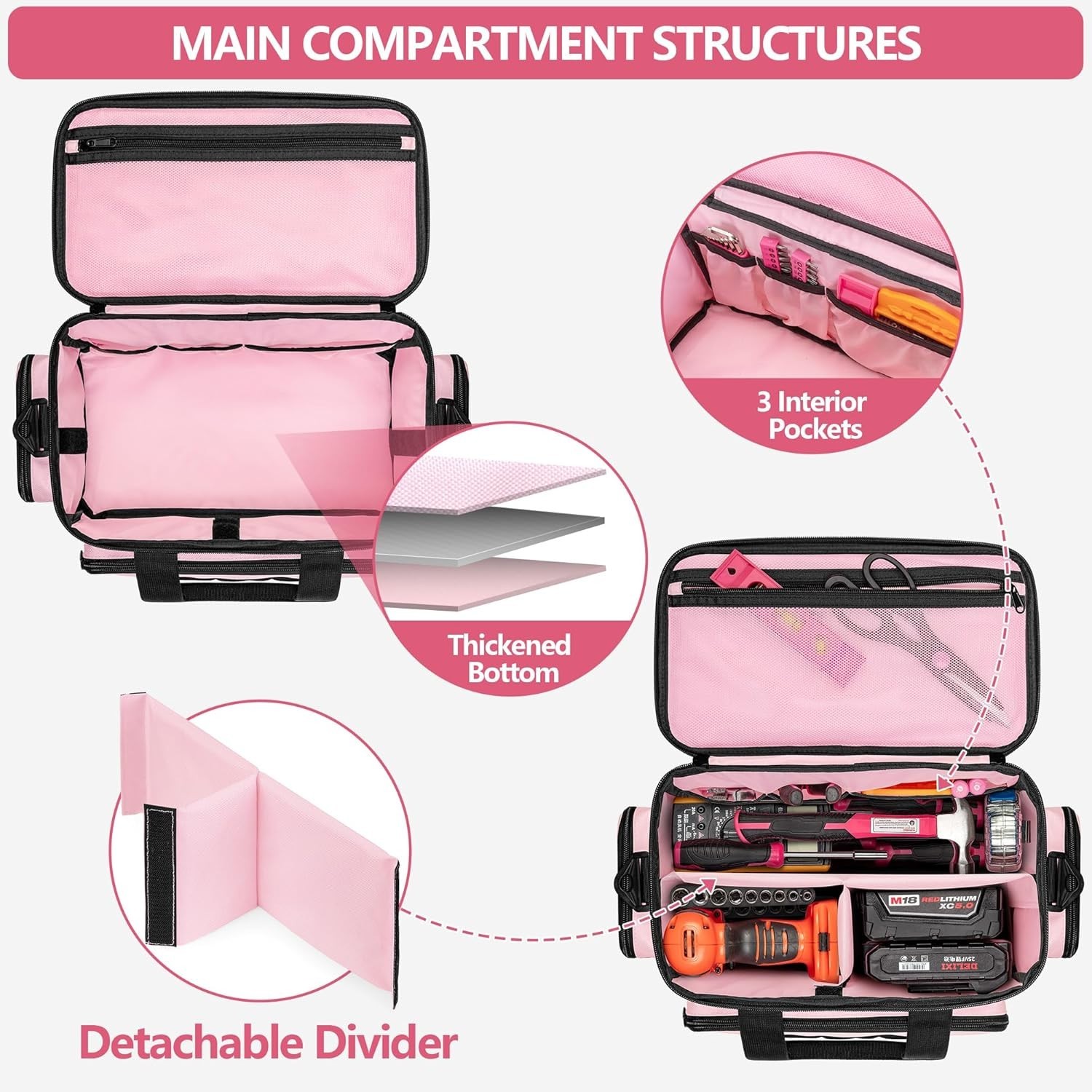 Tool Tote Bag for Women Water Resistant Pink Organizer with Anti Friction Bottom