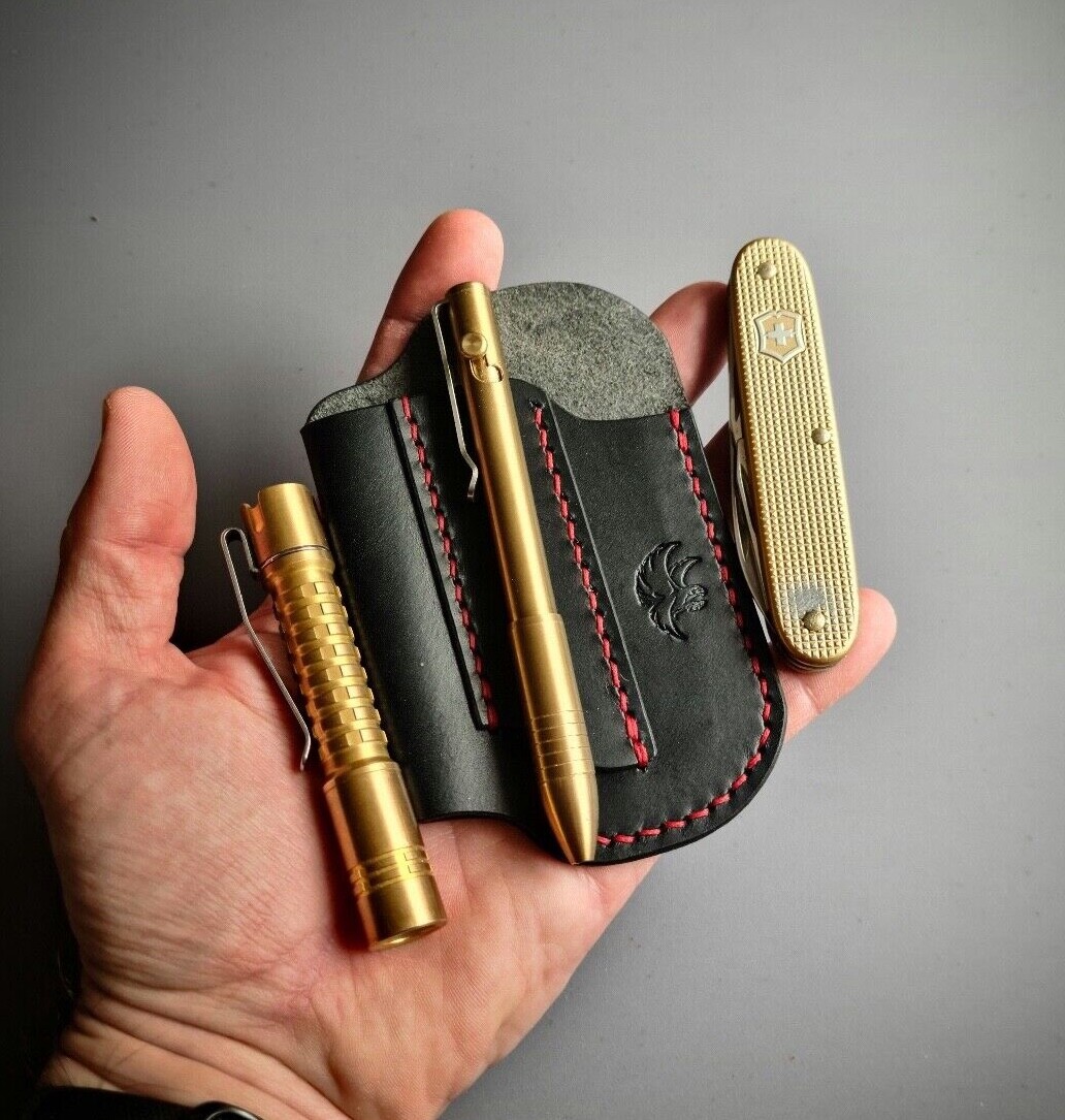 Handmade Leather Edc Pocket Organizer, Flashlight, Pen and Knife Leather Sheath