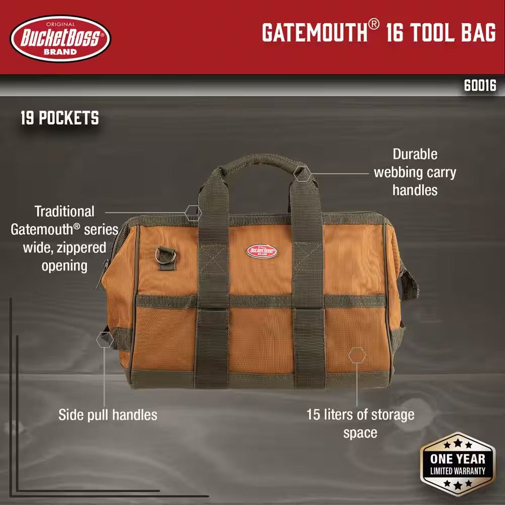 Gatemouth 16 In. Tool Bag in Brown and Green with 16 Pockets