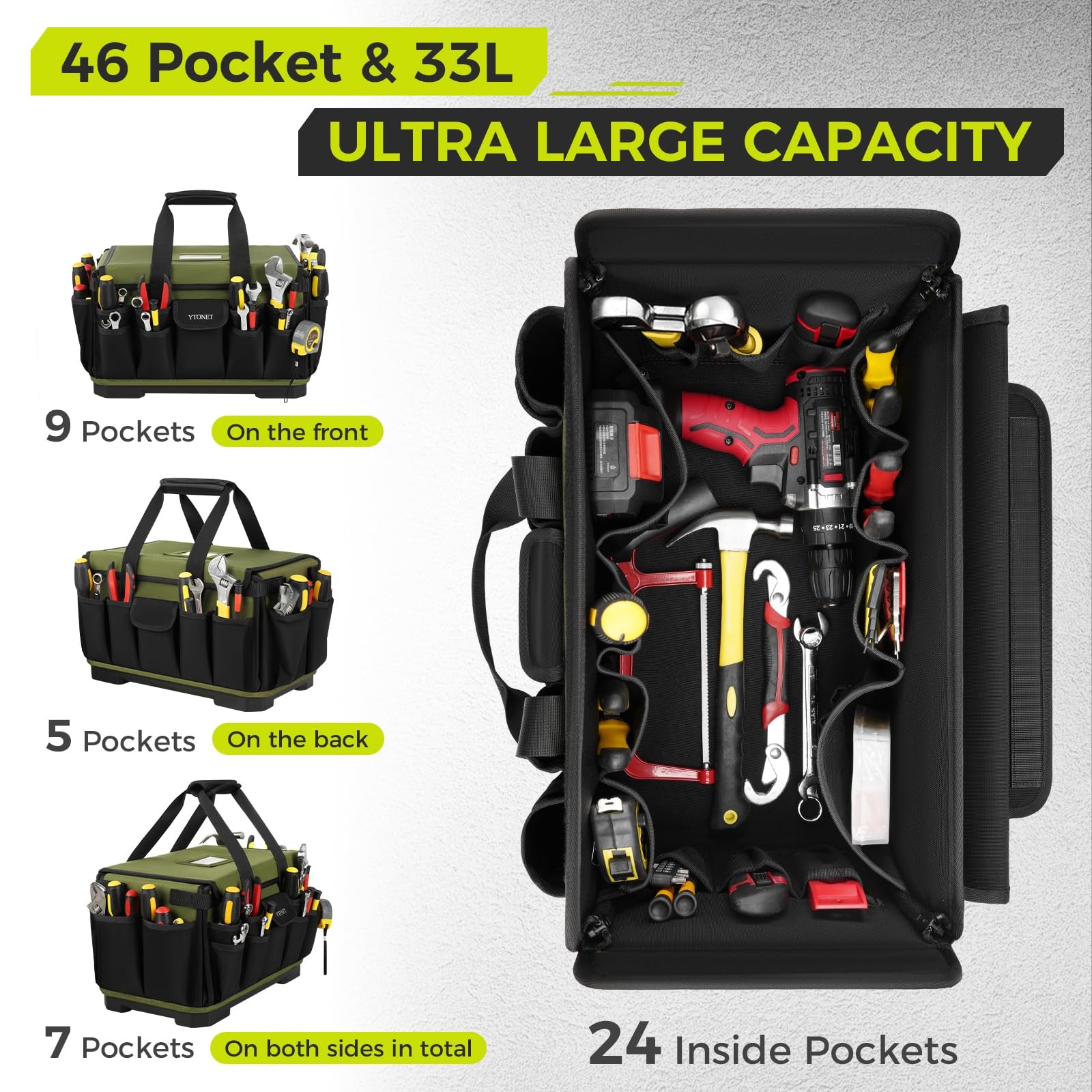 Heavy Duty Tool Bag 18 Inch 46 Pocket Mechanic HVAC Electrician Organizer Waterp