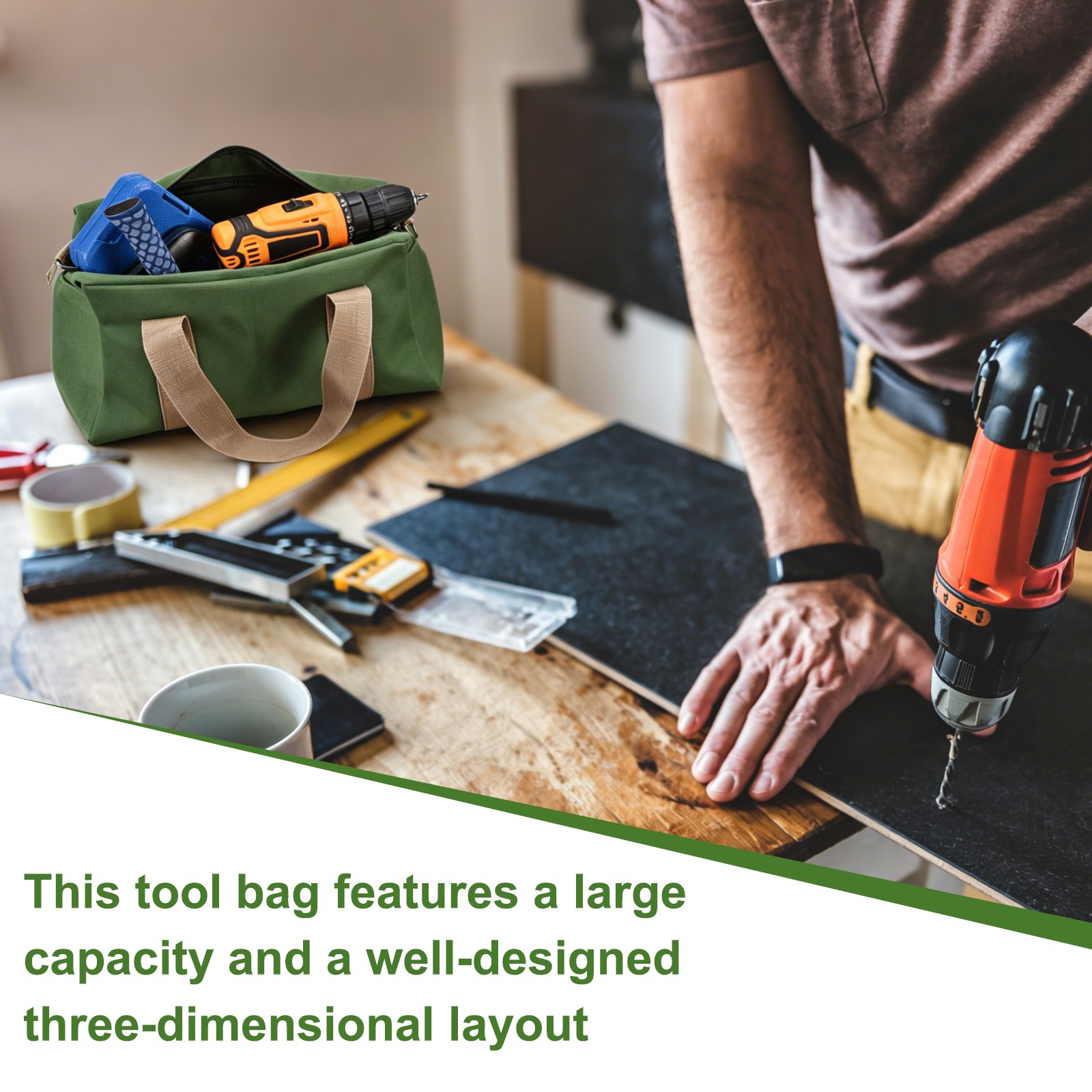 Small Tool Bag, 18 Inch Wide Mouth Tool Organizer Bag, Army Green
