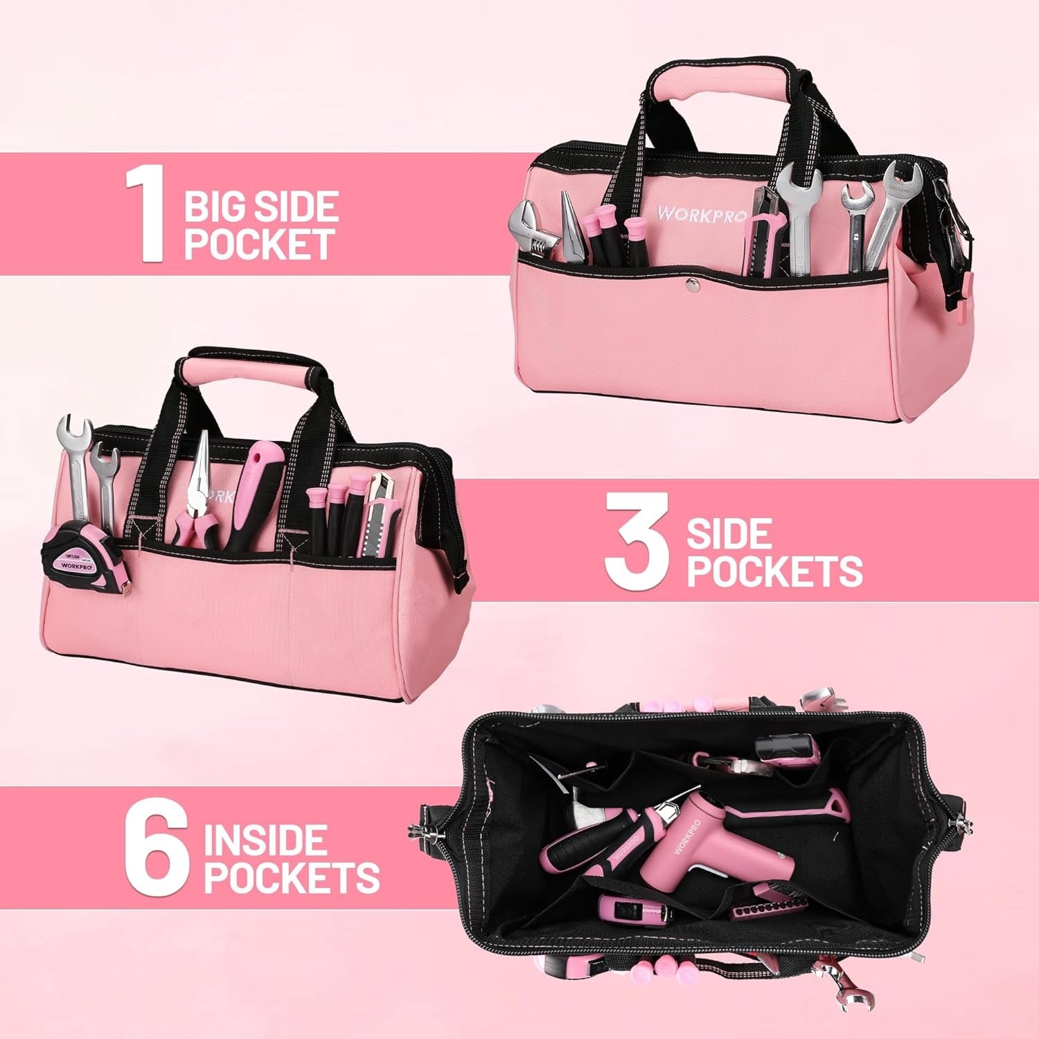 Chic 13-Inch Pink Tool Bag – Wide Mouth Tote with 9 Pockets for Easy Access