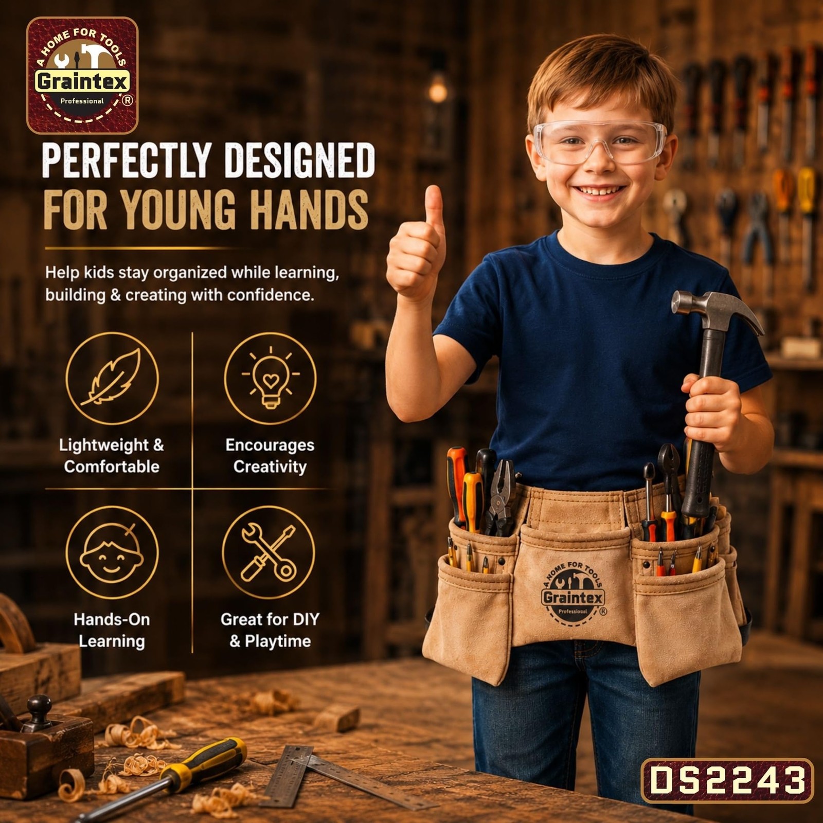 Graintex DS2243 9 Pocket Children Tool Belt Beige Color Suede Leather, Kids …