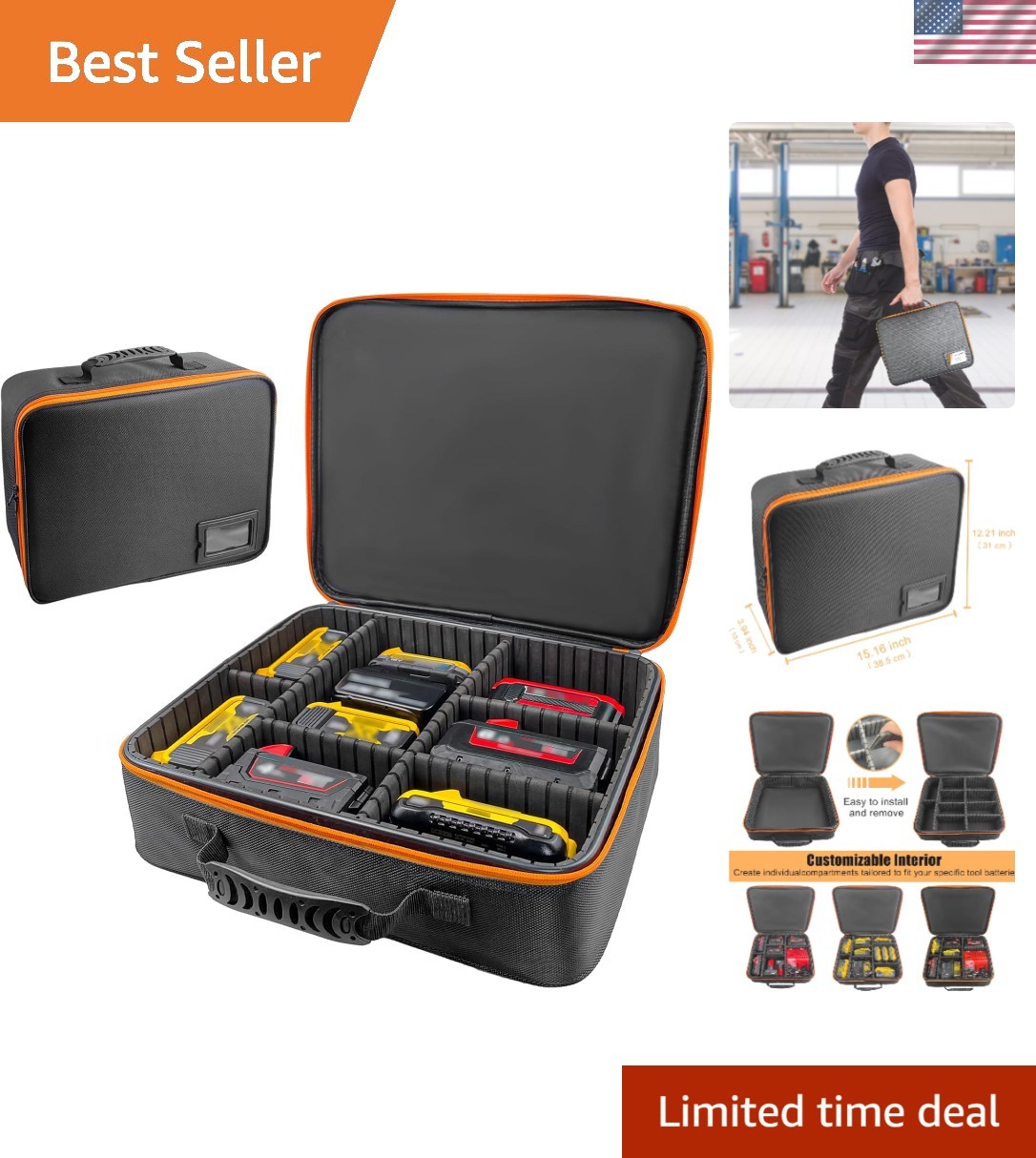 Extra Large Waterproof Tool Battery Carrying Case – 8 Adjustable Dividers