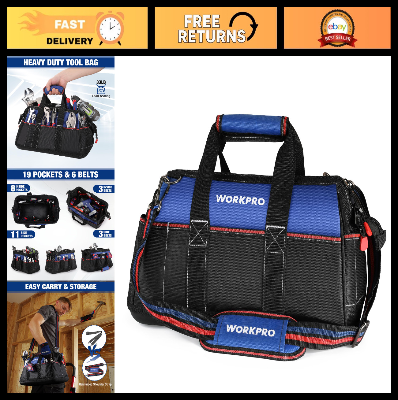 16″ Wide Mouth Tool Bag – Heavy Duty Storage, Waterproof Base, Adjustable Strap,