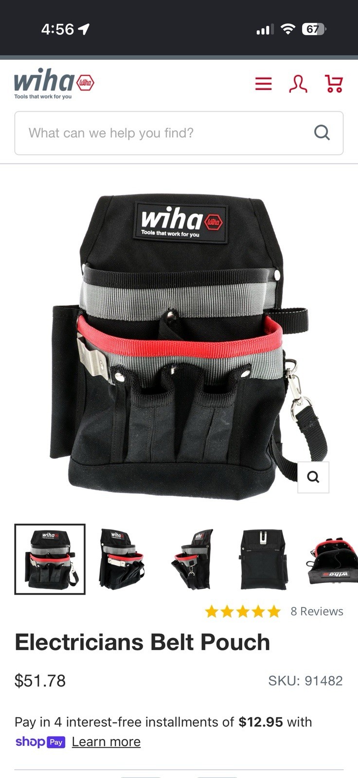 Wiha 6-Pocket Electricians Pouch, Nylon, Belt Clip, Black/Red/Gray