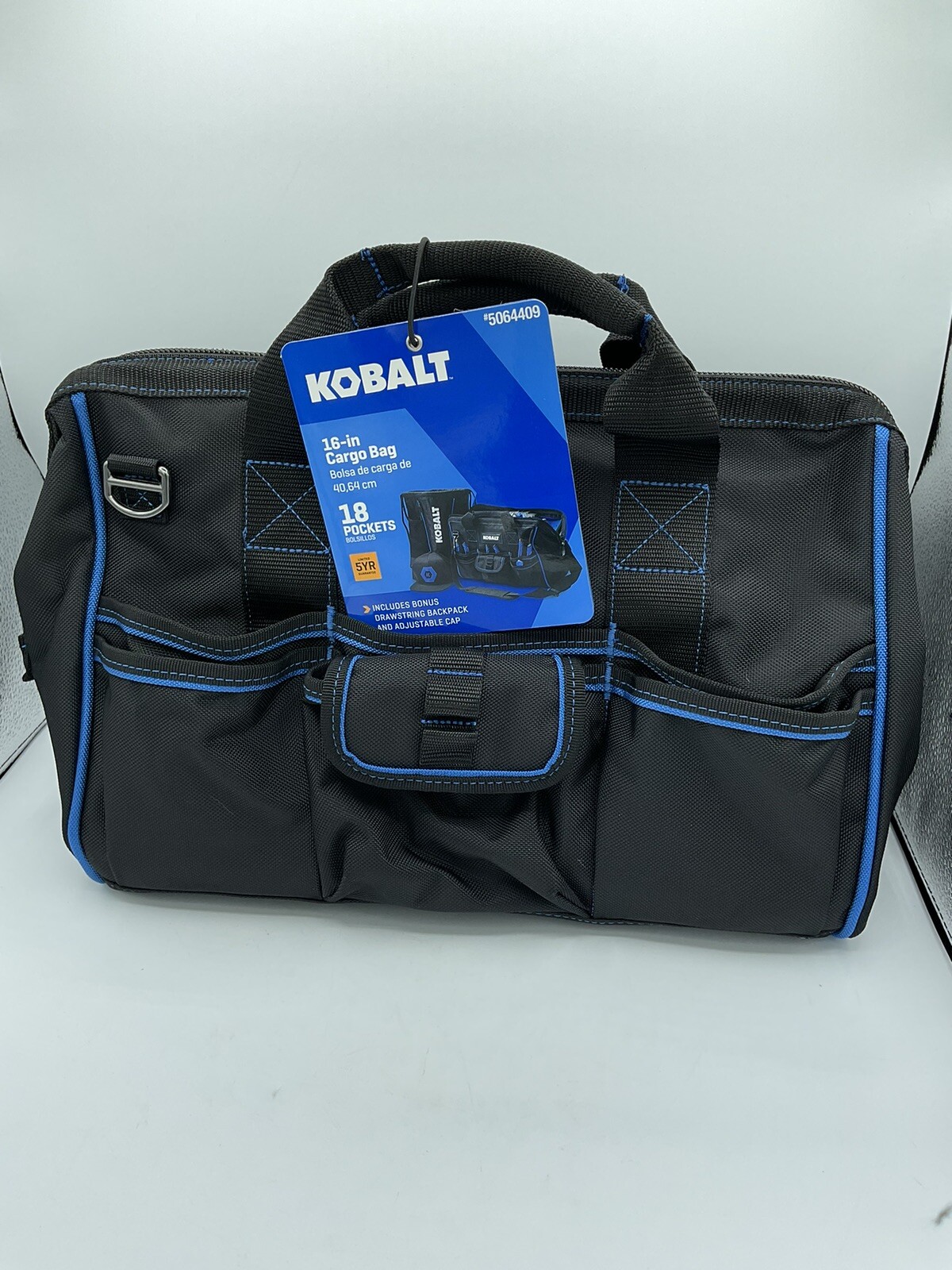 Kobalt 16” Cargo/Tool Bag Includes Drawstring Backpack And Adjustable Cap – New