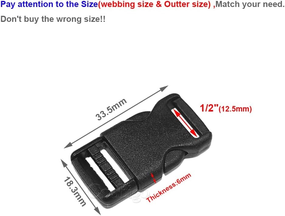 10pcs 1/2″(12.5mm) Side Release Buckles Plastic Black Quick Adjustable Buckle