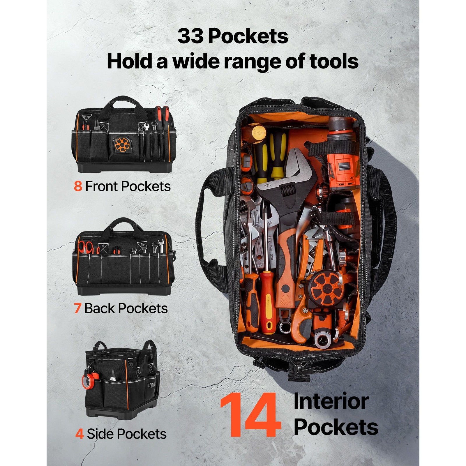 33-Pocket Tool Bag Organizer 16.1in, 10lb Capacity, Water-Resistant Base
