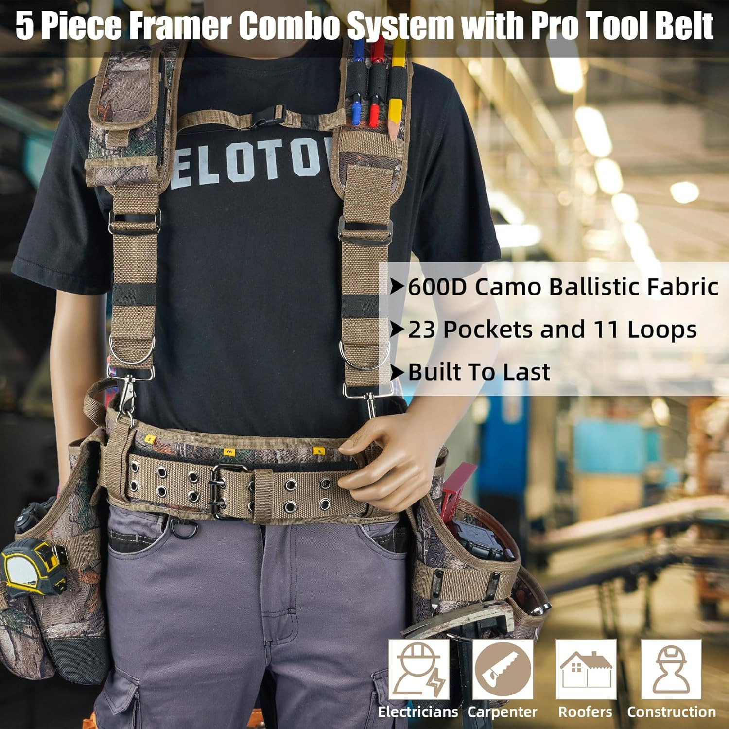 Camo Tool Belt with Suspenders Camouflage Tool Bag Supenders Framers Comb Apron