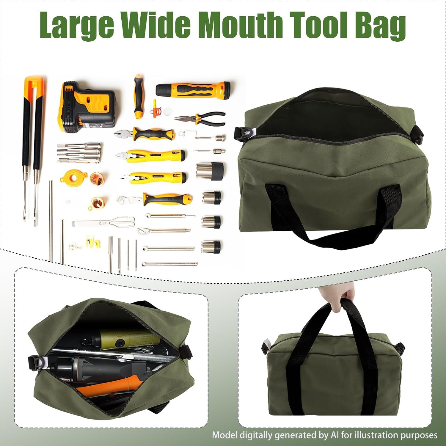 Canvas Tool Bag Wide Mouth Organizer Storage HeavyDuty 12 Inch Army Green