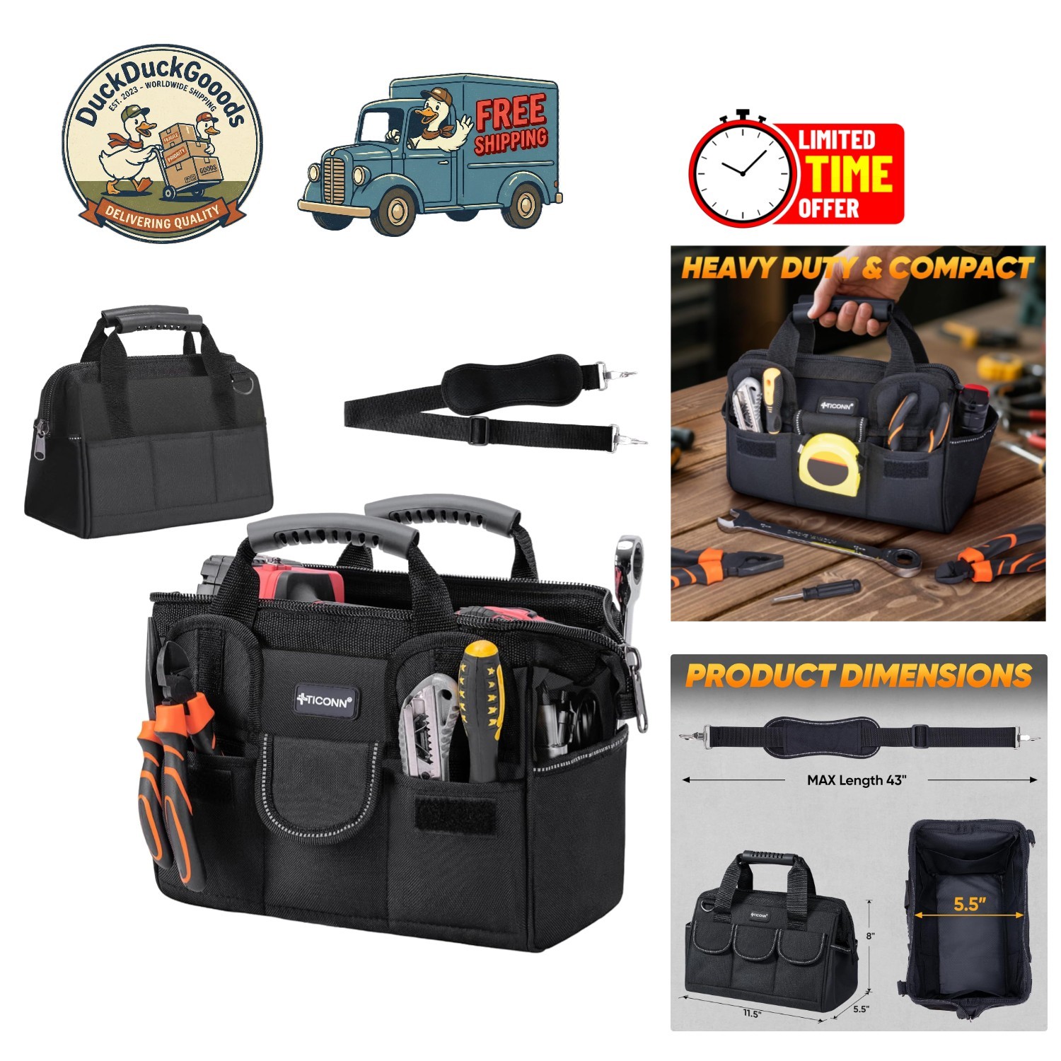 Ergonomic Heavy Duty Tool Carrier – Portable Storage Bag with Reflective Strips