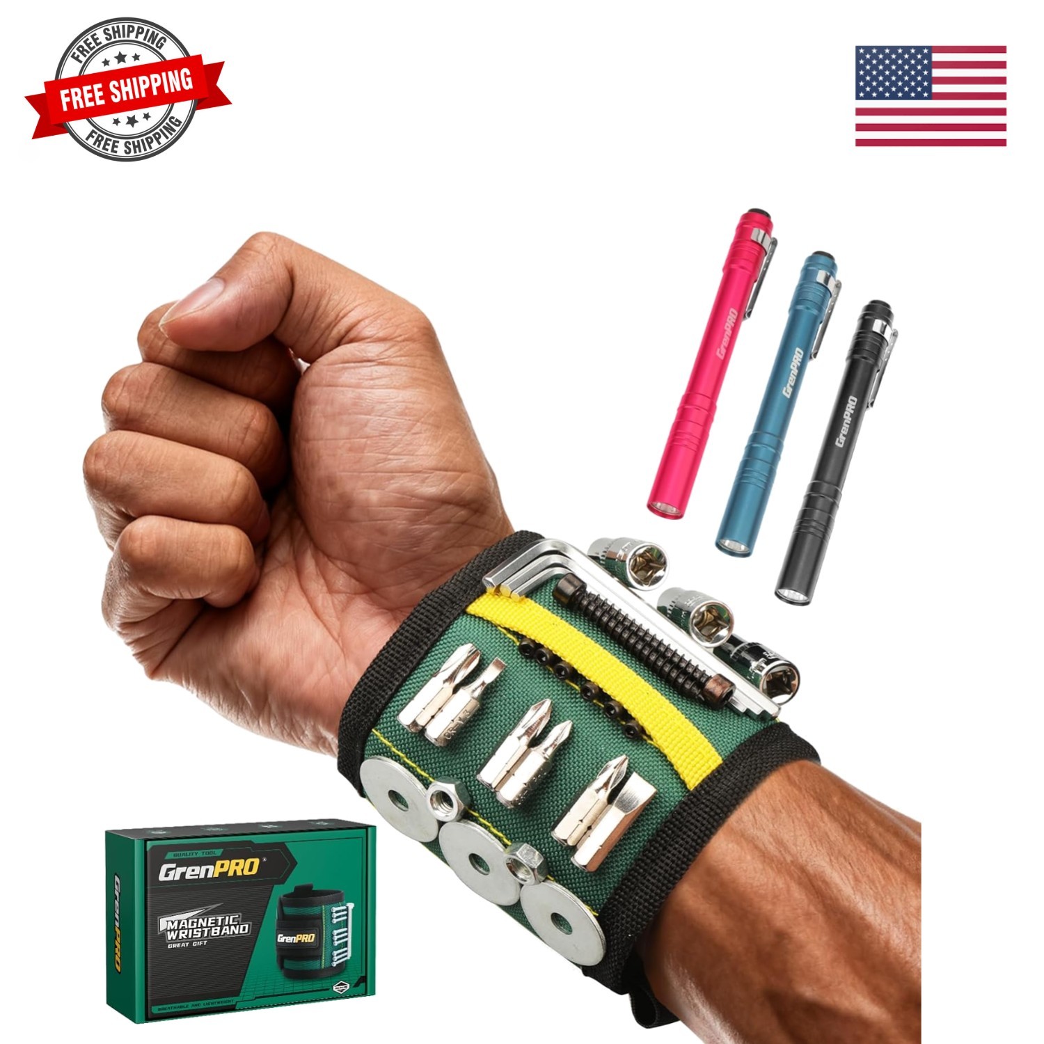 Magnetic Tool Wristband with 3 LED Flashlights Heavy Duty Oxford Belt for Hol…