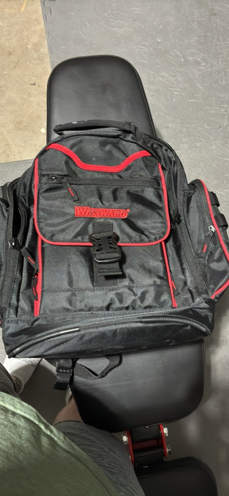 Westward 32PJ48 Tool Backpack Black/Red Polyester 15 Inside Pockets 19.5x7x18in