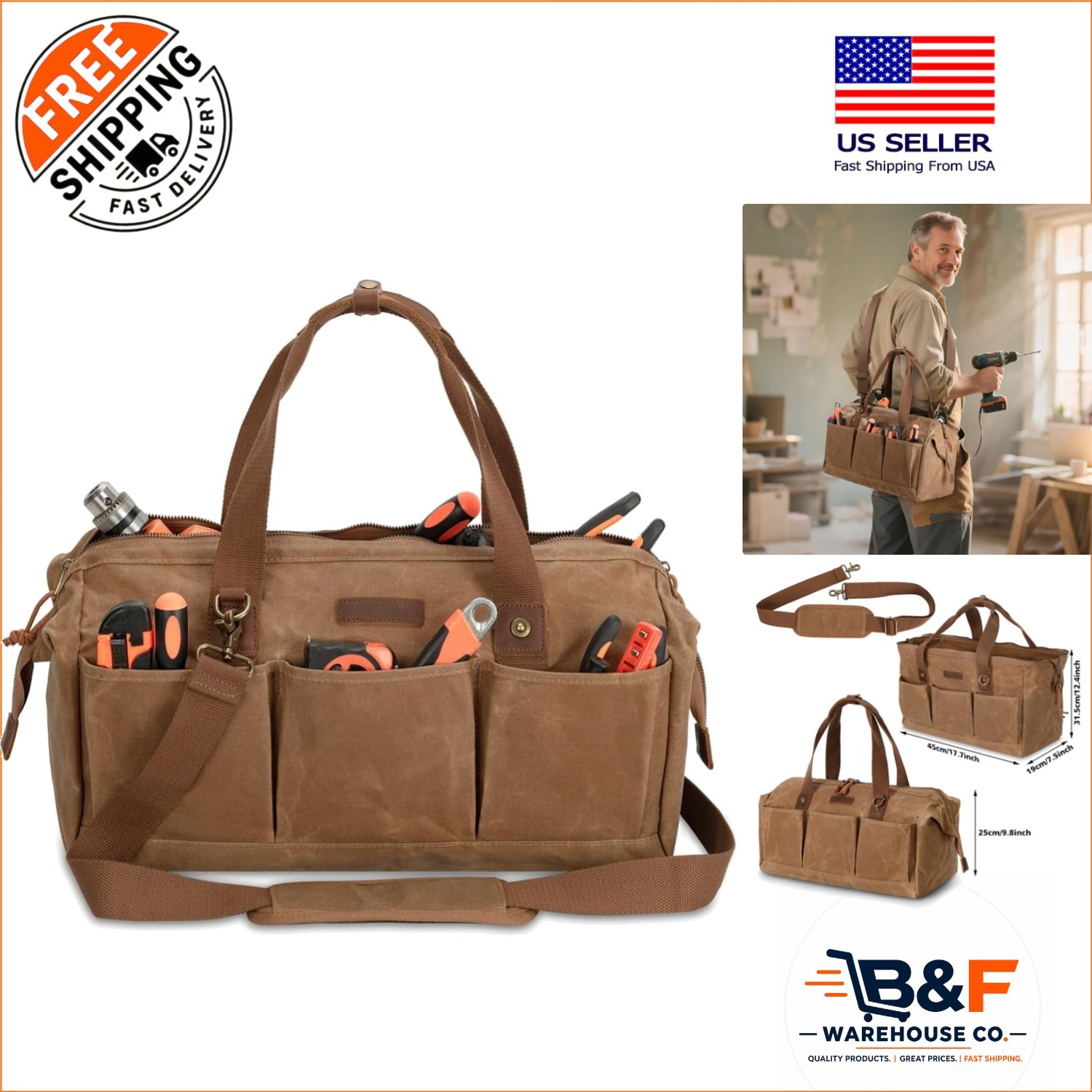 Durable 18-Inch Waxed Canvas Tool Organizer with 12 Pockets & Adjustable Strap