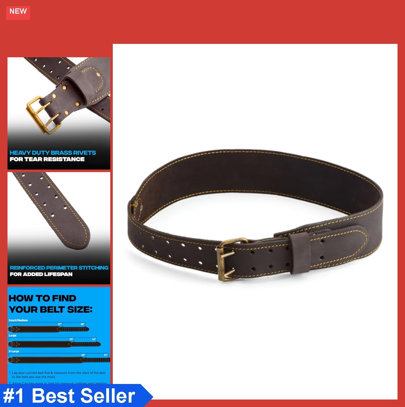 Full Grain Leather Tool Belt 3 Inch Heavy Duty Brass Rivets Double Stitched
