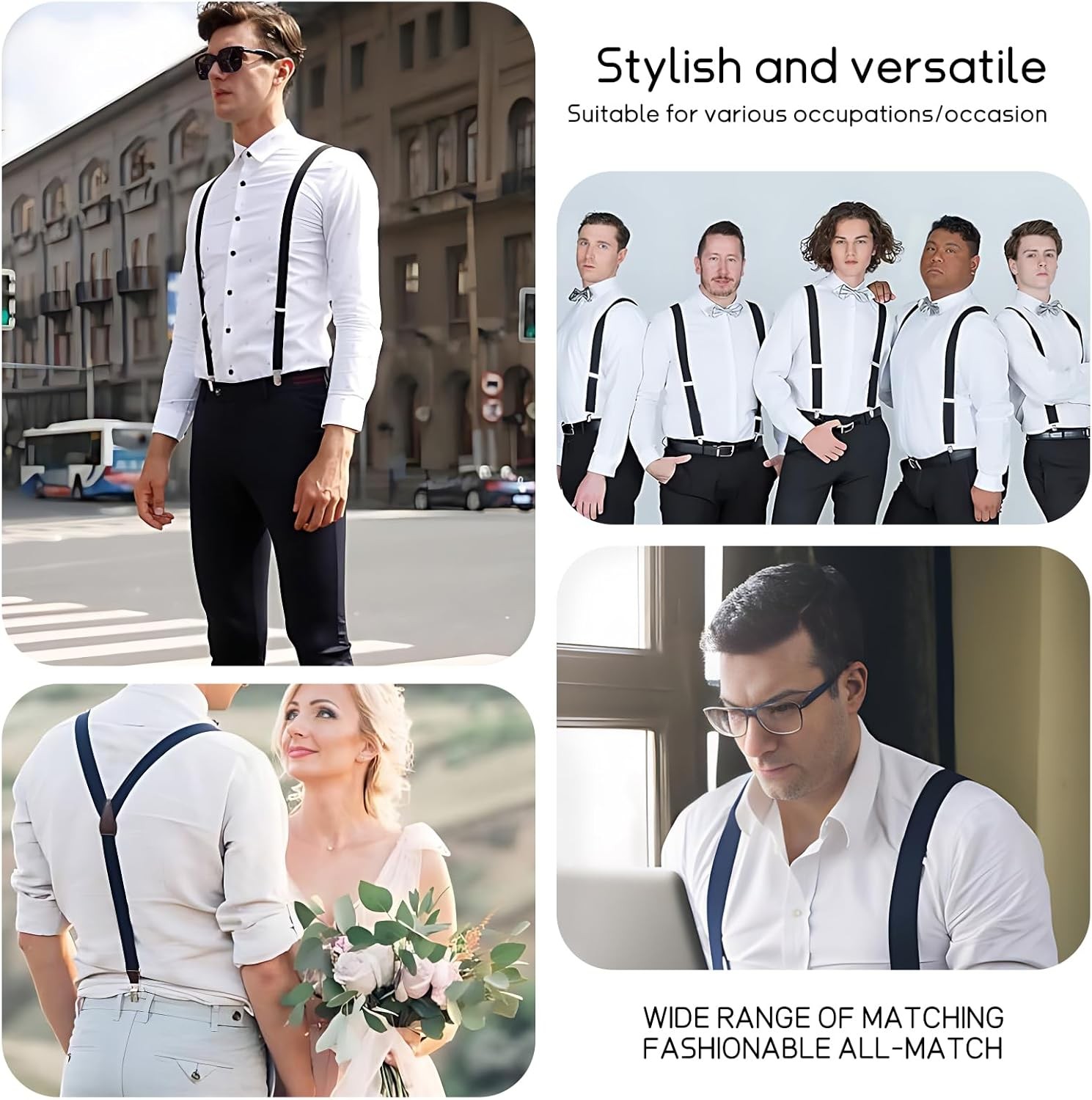 KOOELLE Suspenders for Men Heavy Duty Tuxedo Dress Pants 1.4 inch Solid White