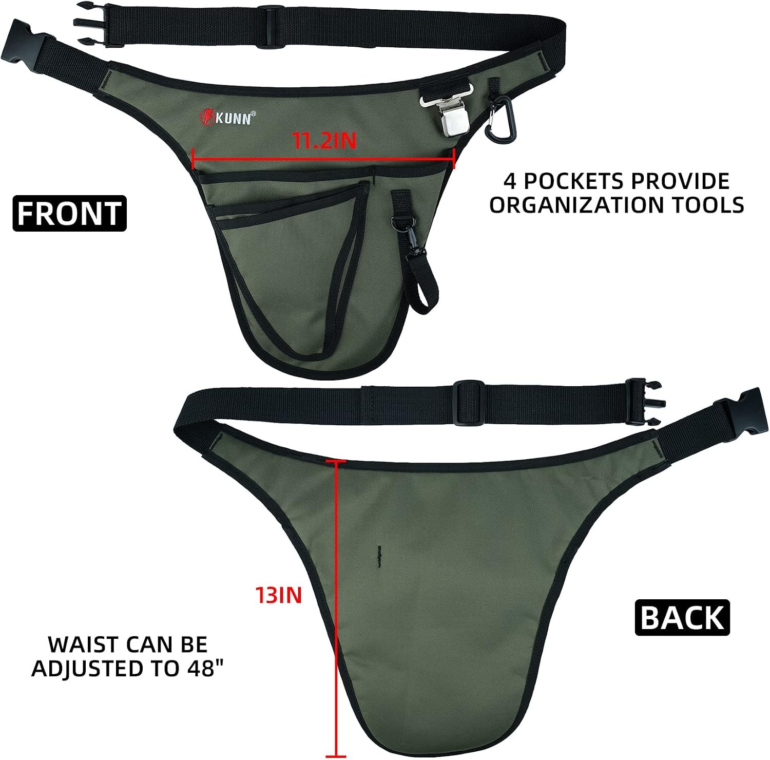 Garden Tool Waist Pouch 4 Pocket Adjustable Belt Army Green