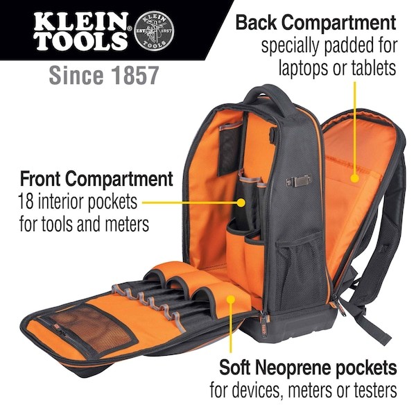 Klein Tools 62805Bptech Tool Backpack, Black/Orange, 1680D Ballistic Weave