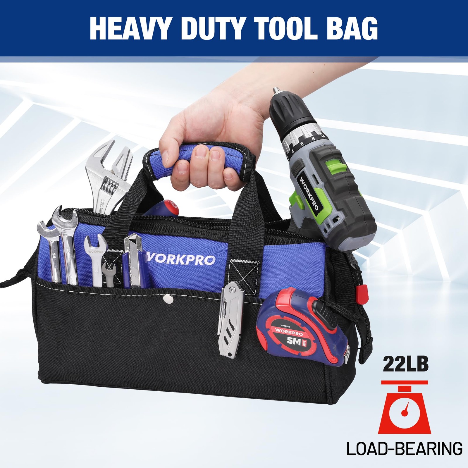 WORKPRO 13-inch Tool Bag, Wide Mouth Tote Bag with Inside 13-Inch, Blue