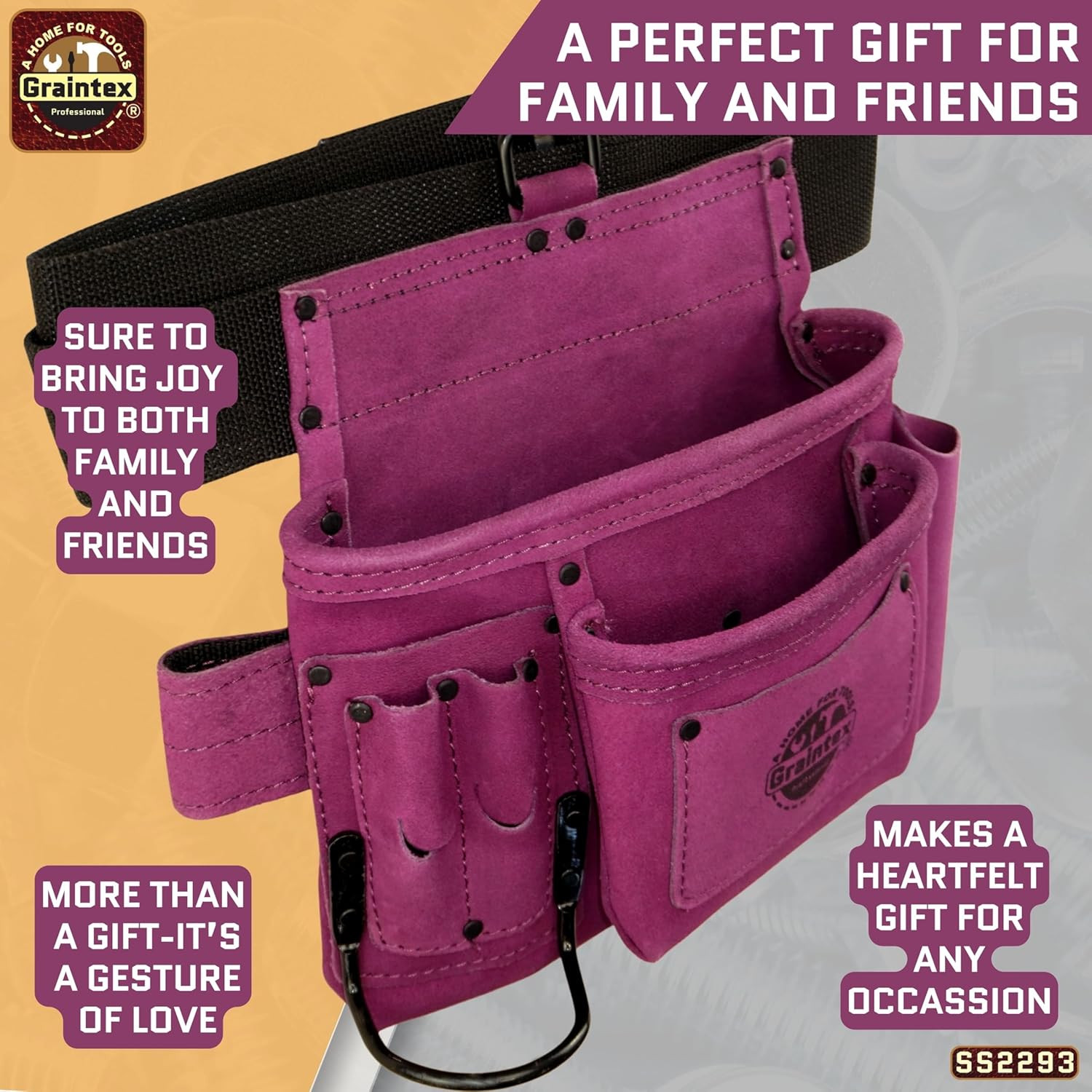 5 Pocket Suede Leather Tool Belt/Bag | Purple | Multipurpose Leather Tool Belt f