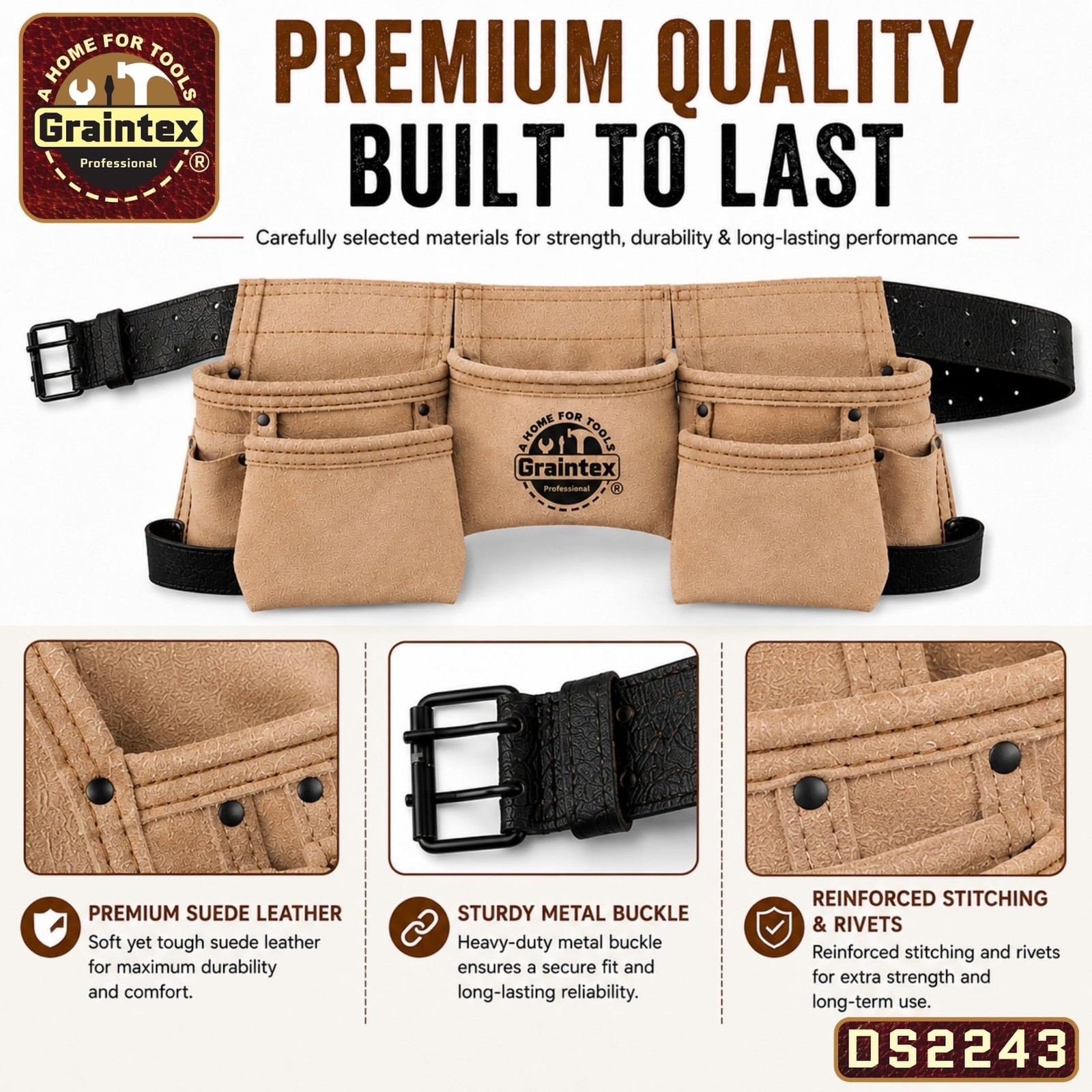 Graintex DS2243 9 Pocket Children Tool Belt Beige Color Suede Leather, Kids …