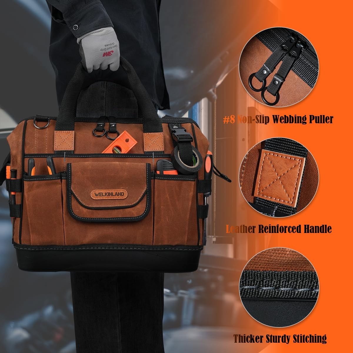 22-Pocket Heavy Duty Tool Bag – 14″ Waxed Canvas, Hard Bottom, Electrician & Mec