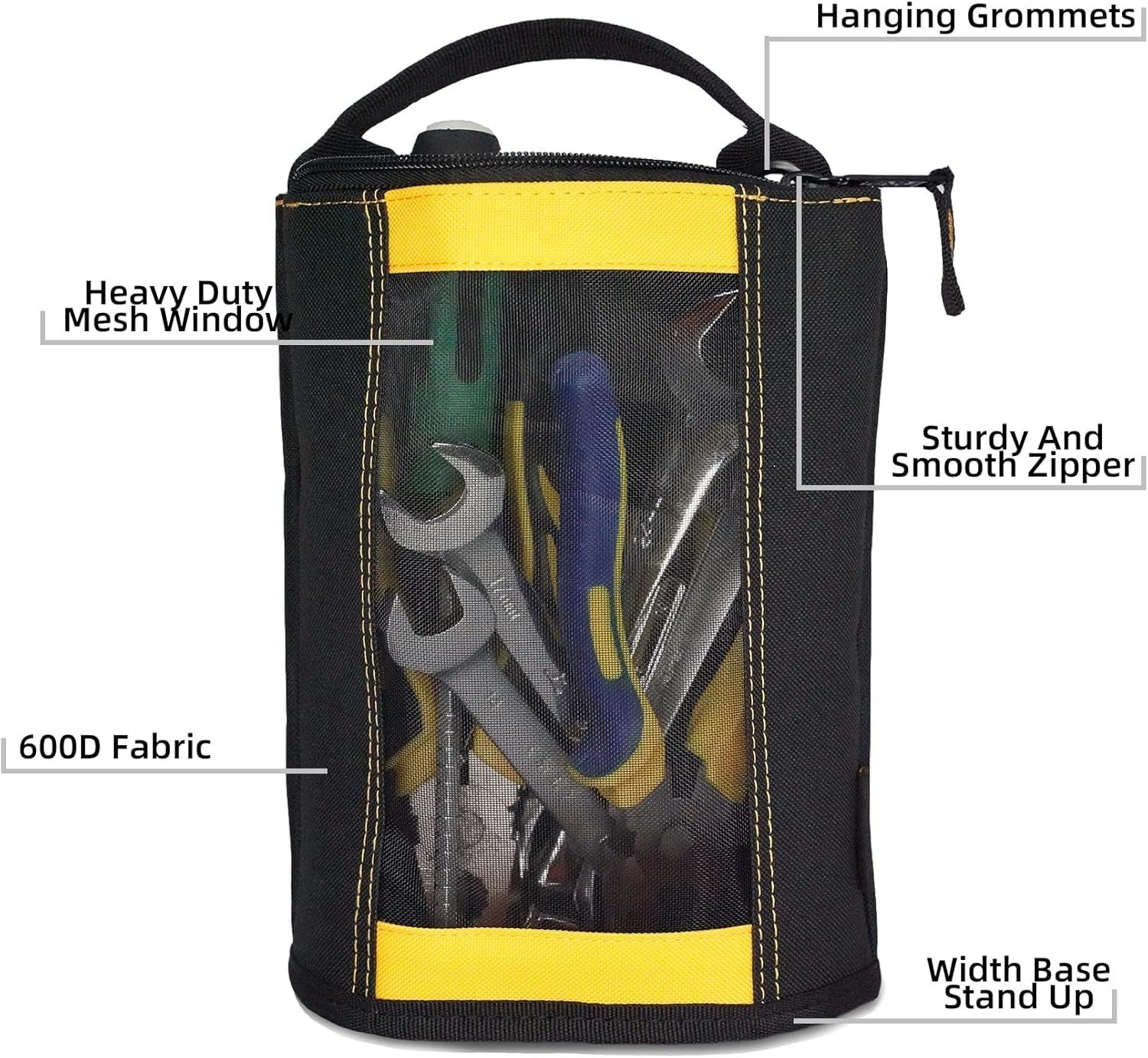 Durable Zipper Tool Pouch Yellow Mesh Pocket Hardware Organizer Stand-Up Design