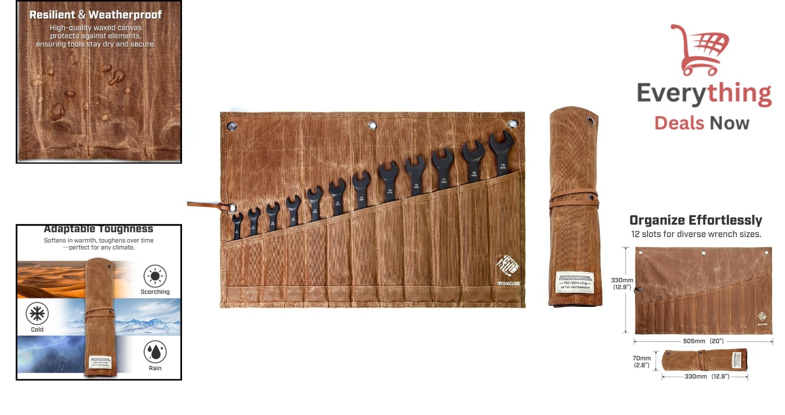 Waxed Canvas Tool Pouch Roll-Up Organizer for Hand Tools & Wrenches, 12 Pockets
