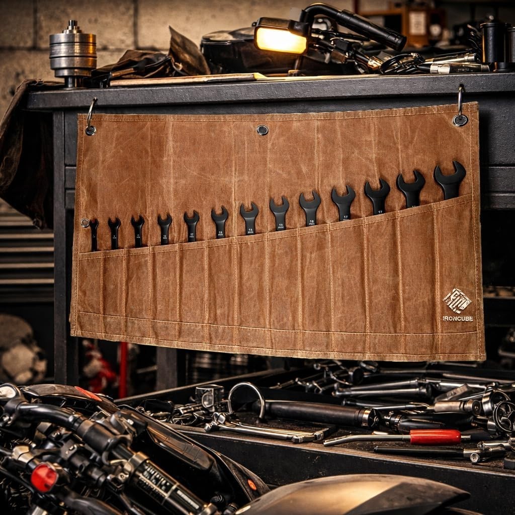 Tool Pouch, 12 Pockets Wax Canvas Weatherproof Roll-Up Storage Bag for Wrenches
