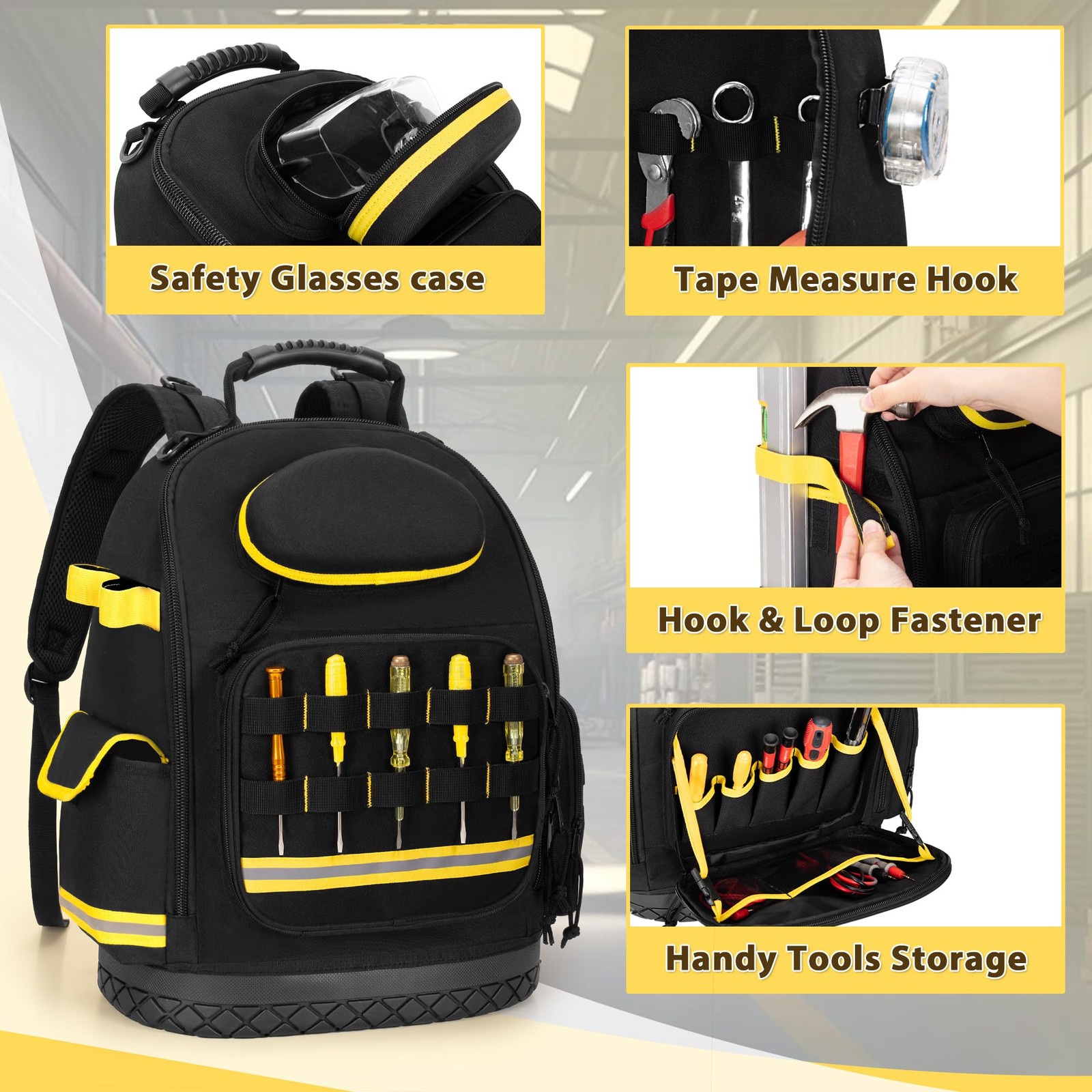 Heavy Duty Tool Backpack Hard Bottom Organizer Bag with 3 Pouches Storage