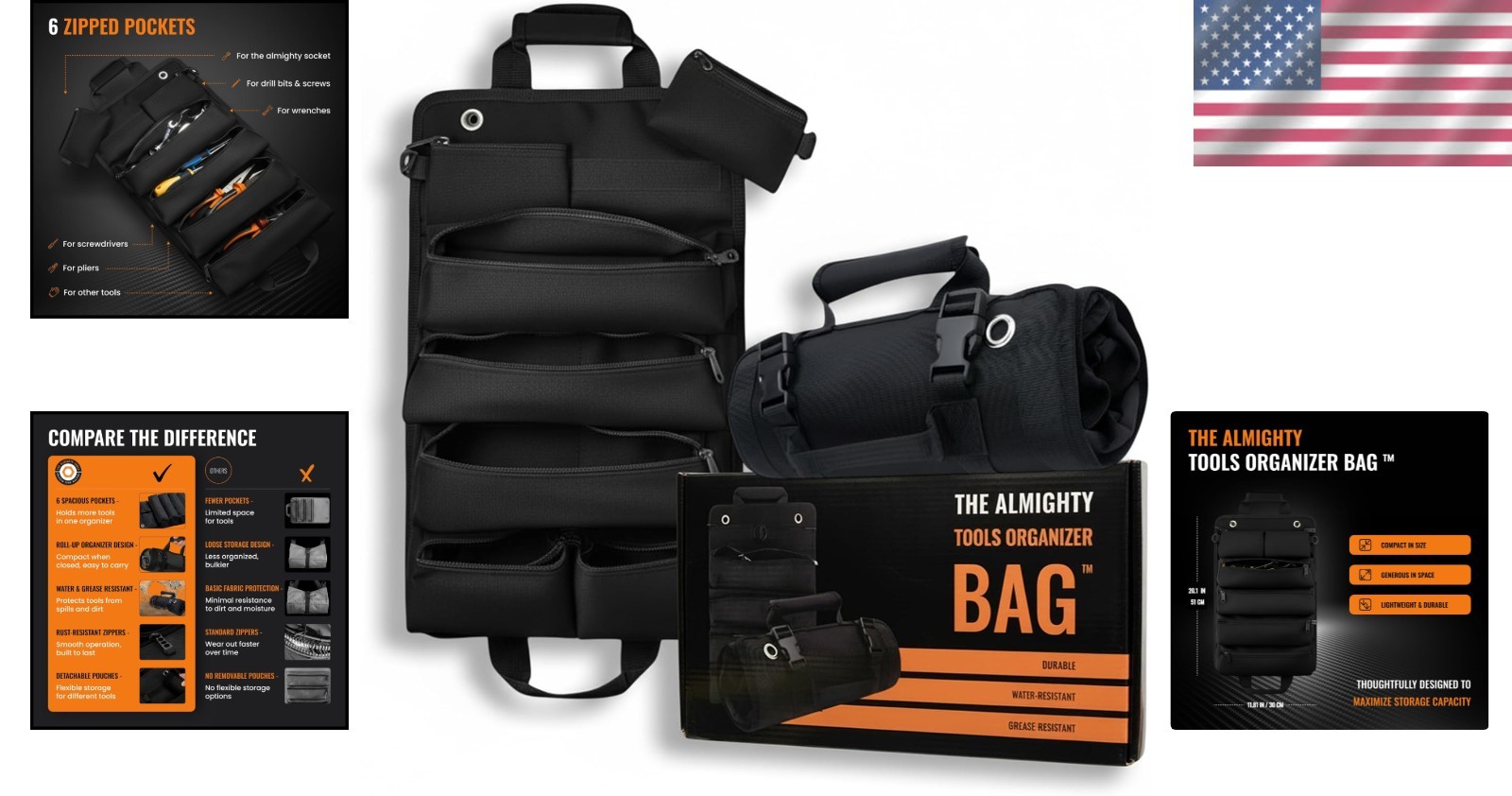 Heavy-Duty Roll-Up Tool Organizer Bag with Detachable Pouches – 19.49″x12.6″