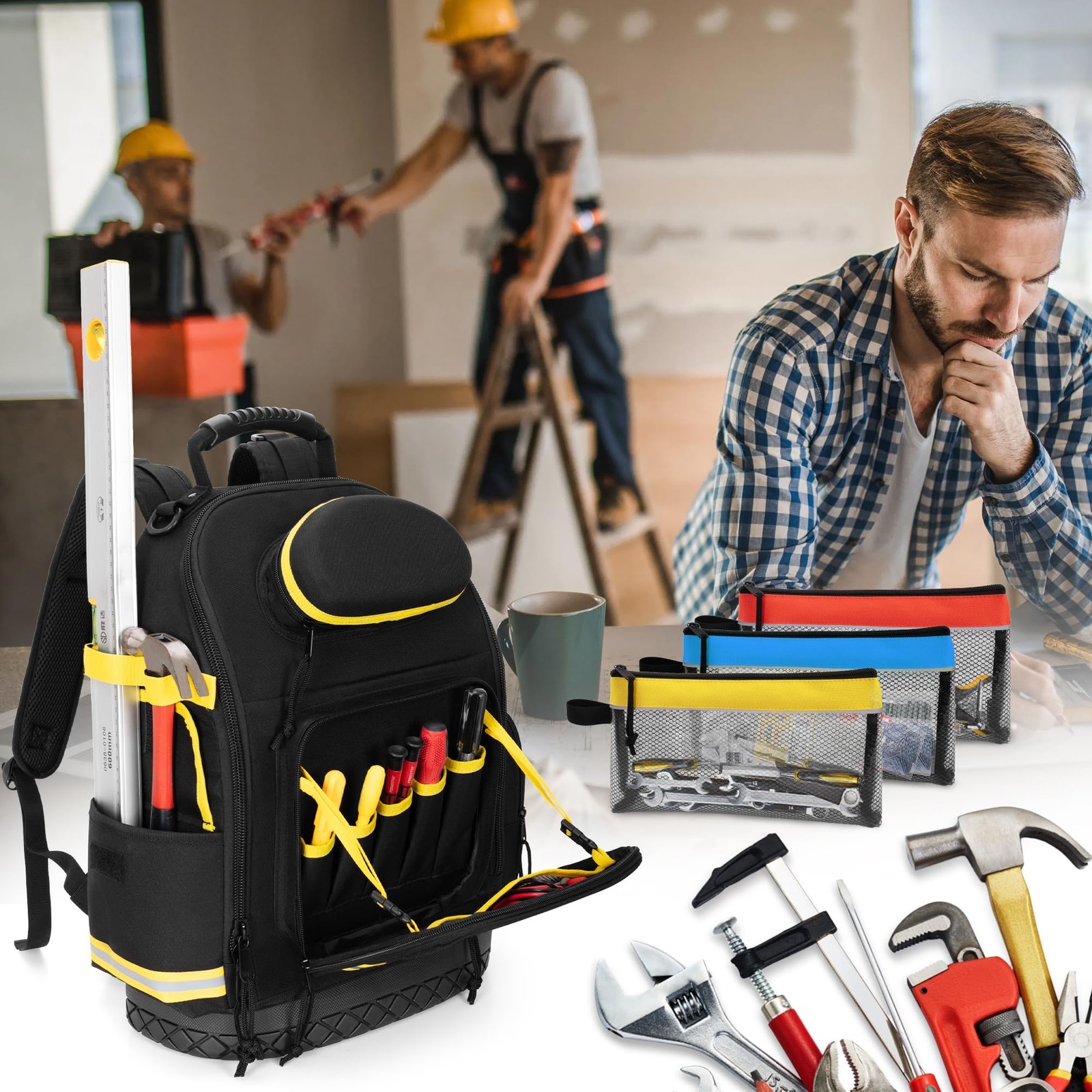 Heavy Duty Tool Backpack Hard Bottom Organizer Bag with 3 Pouches Storage