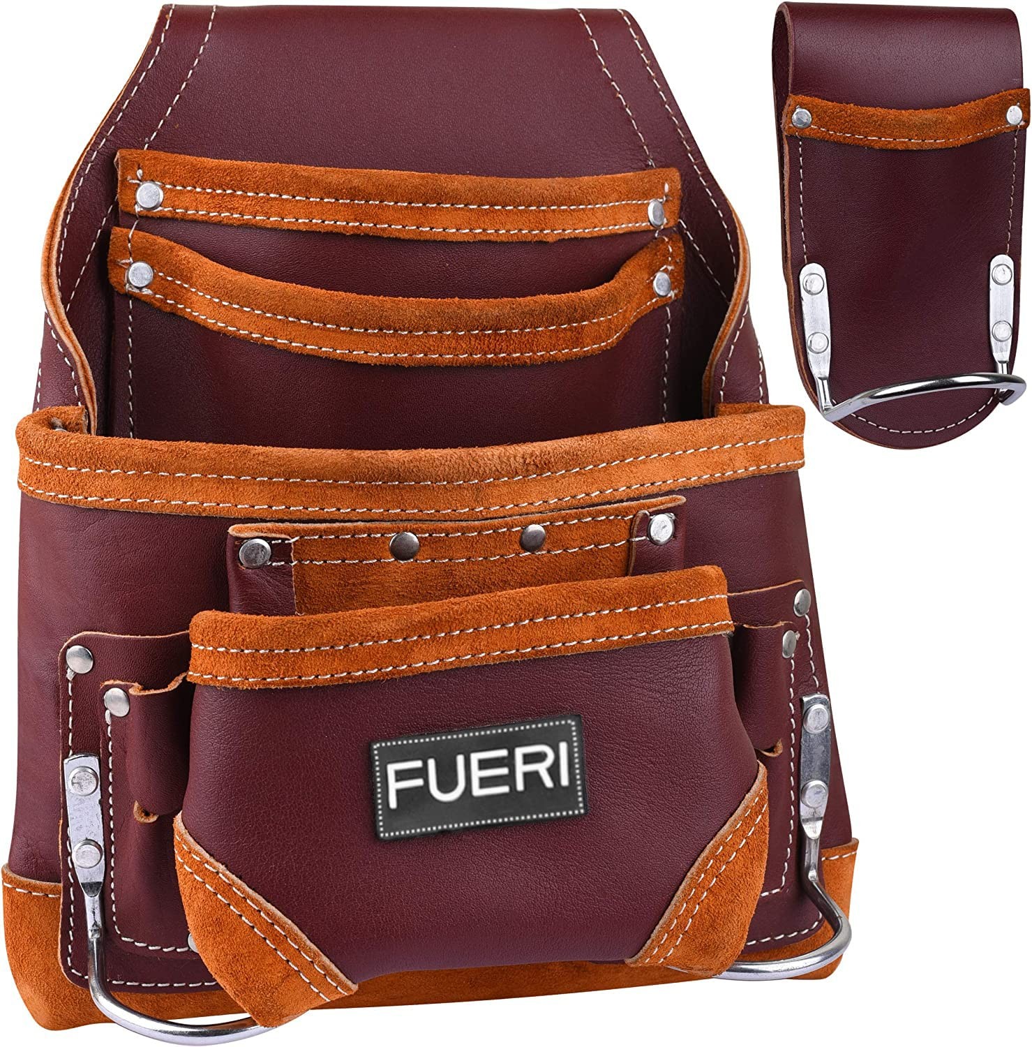5 Pockets Leather Tool Pouch with Triple Hammer Holders for Men, Maroon Tool …