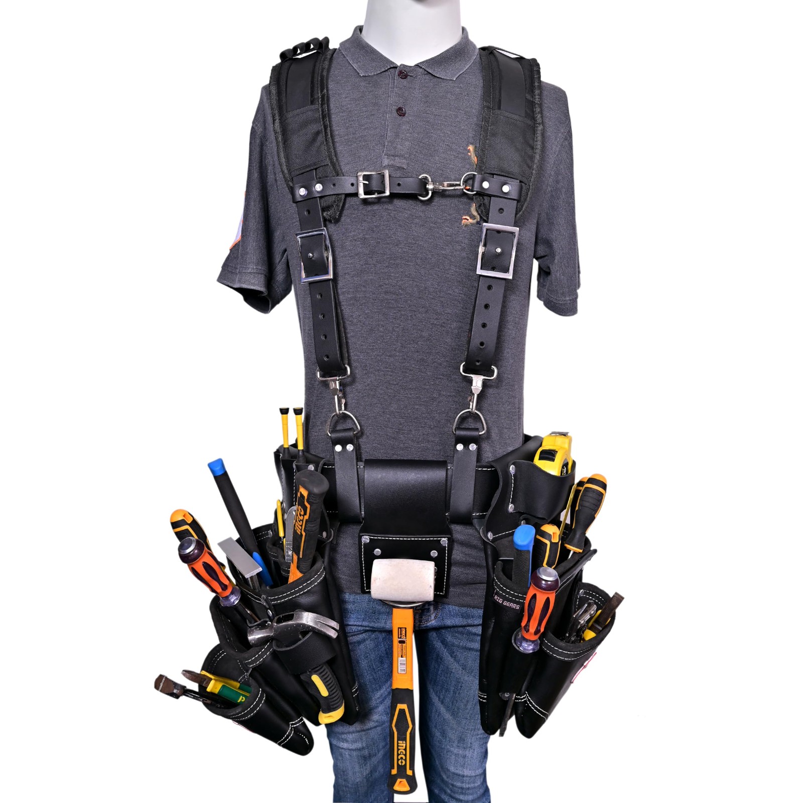 Leather Tool Belt with Detachable D-Loop, Padded Suspenders for Tradesmen