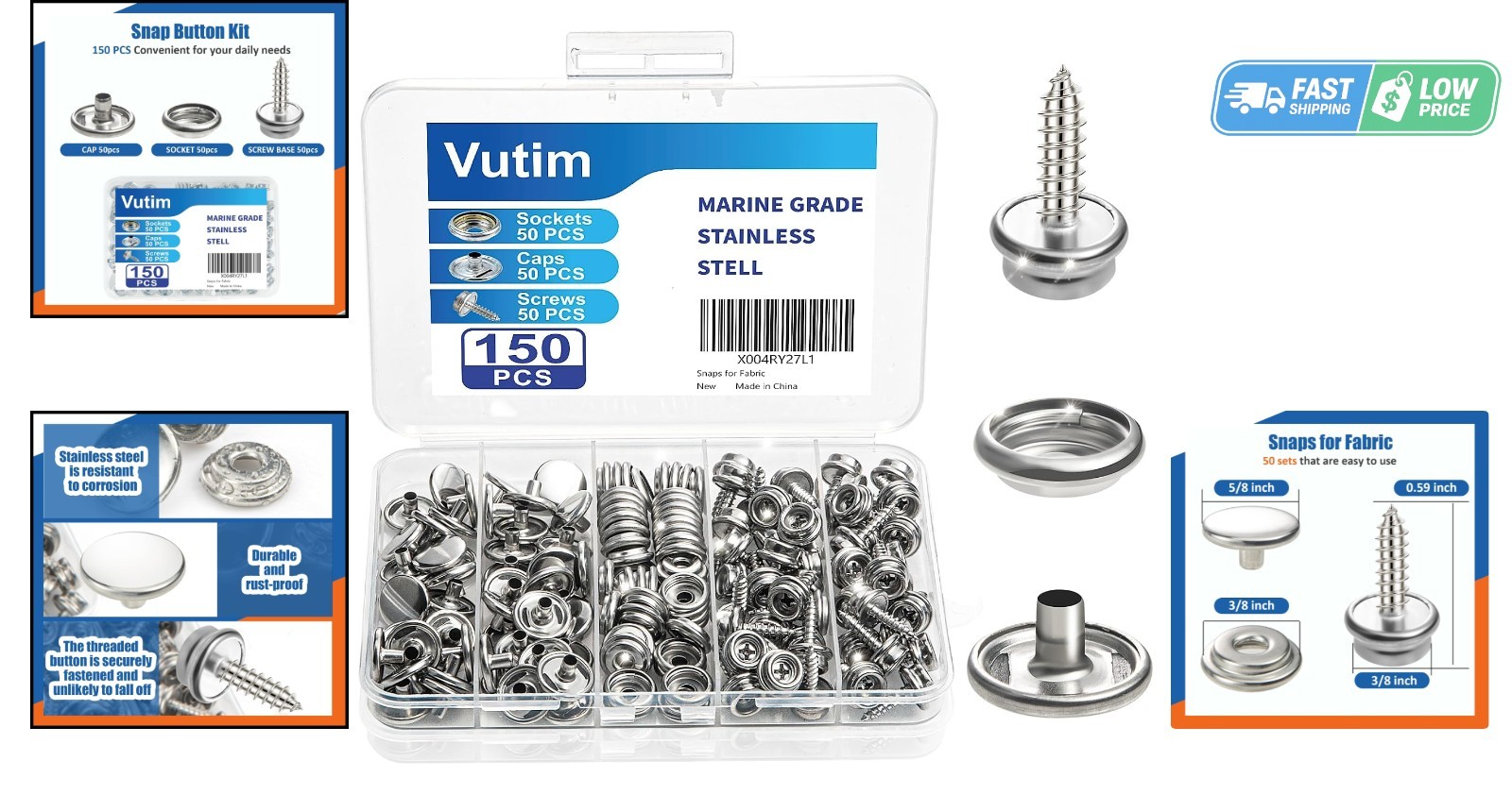 150 PCS Marine-Grade Stainless Steel Canvas Snap Fastener Kit for DIY Crafting