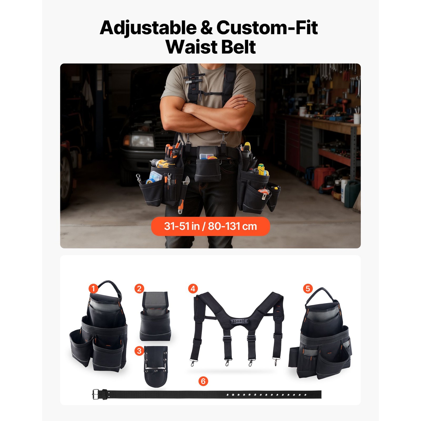 Heavy-Duty 19-Pocket Tool Belt, 600D Polyester, Adjustable