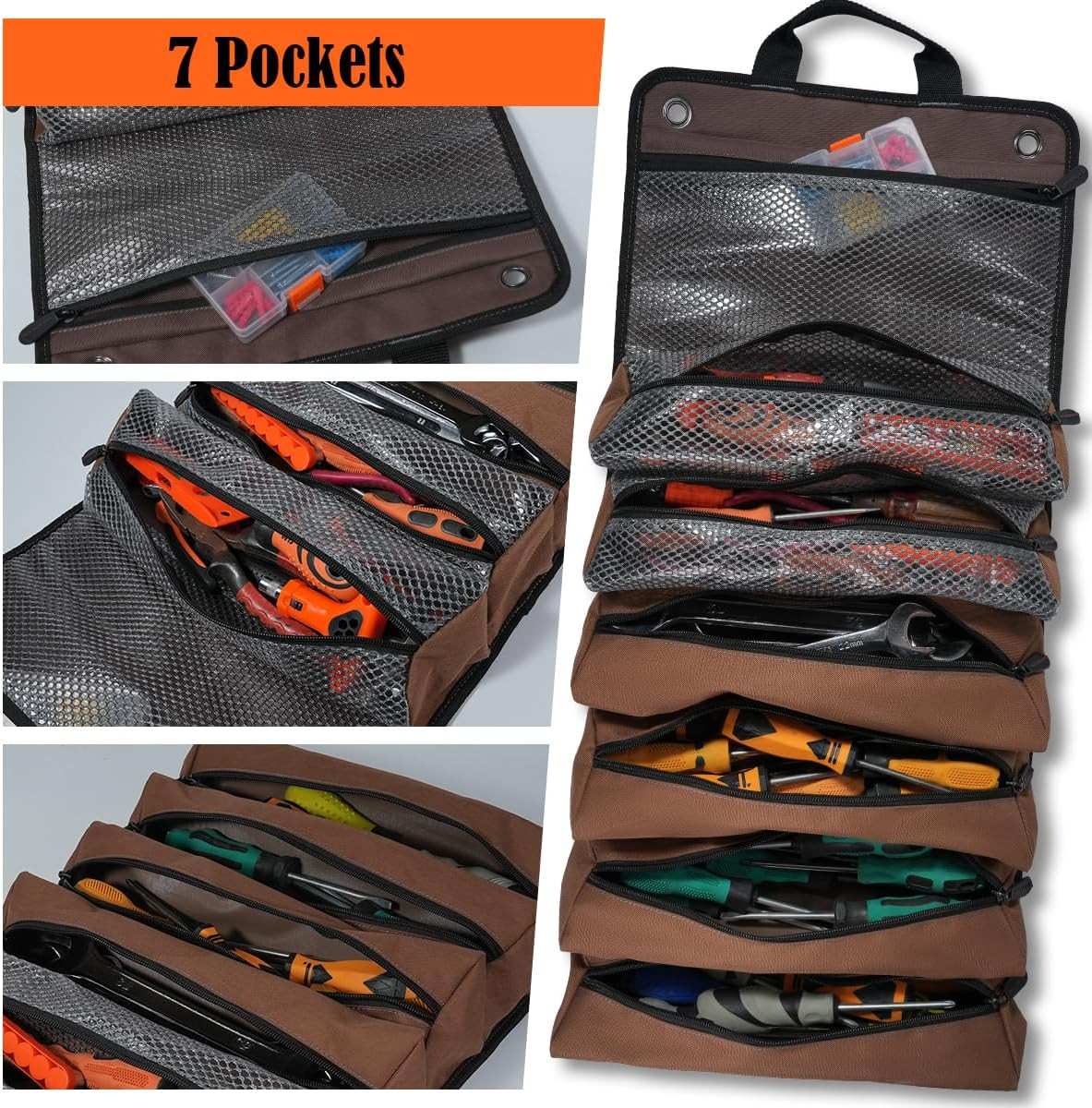WELKINLAND Heavy-Duty Waxed Canvas Tool Roll, 7-Pockets Tool Wrap Roll, 15L Tool