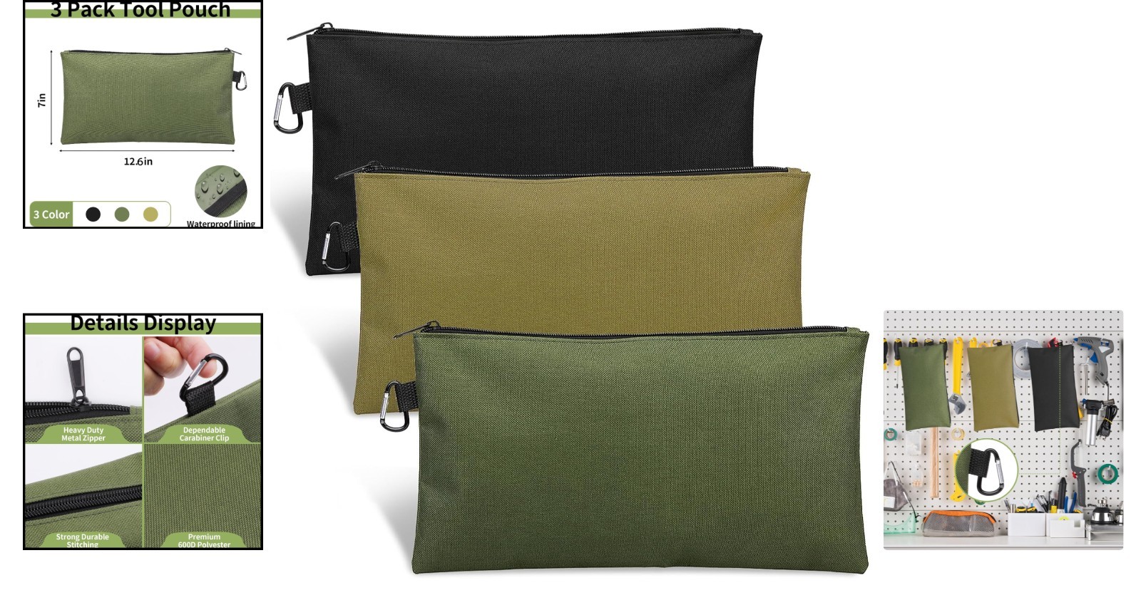 Heavy-Duty 3 Pack Zipper Pouch – Versatile Tools & Accessories Storage Bags