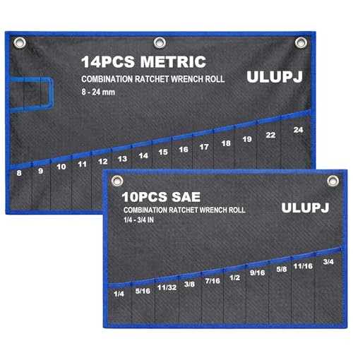 2PCS Wrench Roll, Wrench Roll Up Pouch – 10 Pockets SAE + 14 Pockets Metric