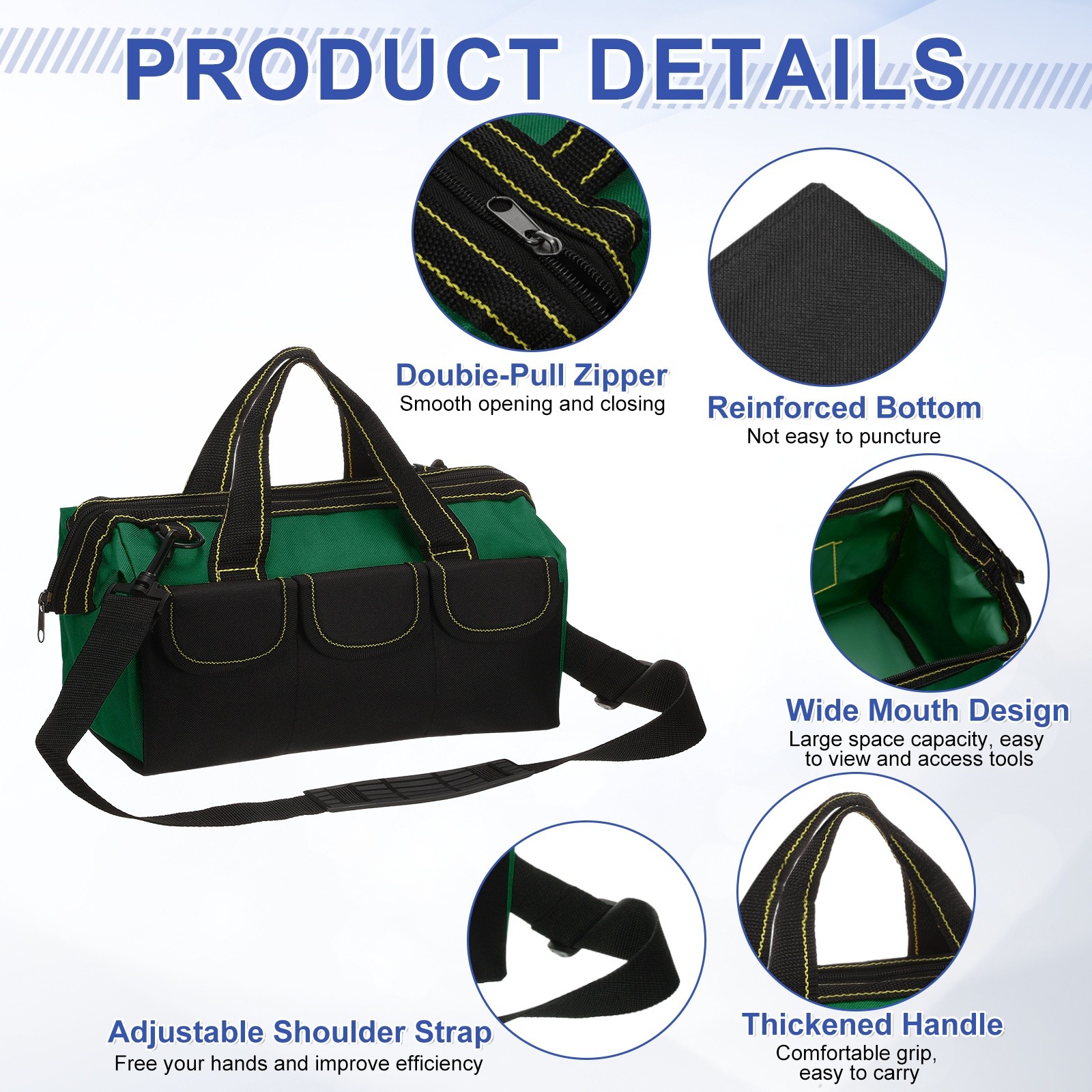 Wide Mouth Tool Bag 12.2 Inch Tote Bag with Adjustable Strap, Army Green