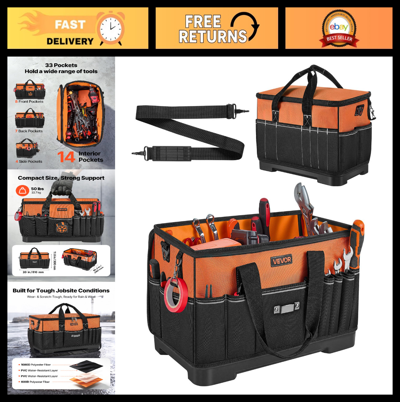 Large 19.1″ Tool Bag Organizer, 33-Pocket Portable Toolbox, Water-Resistant, Adj