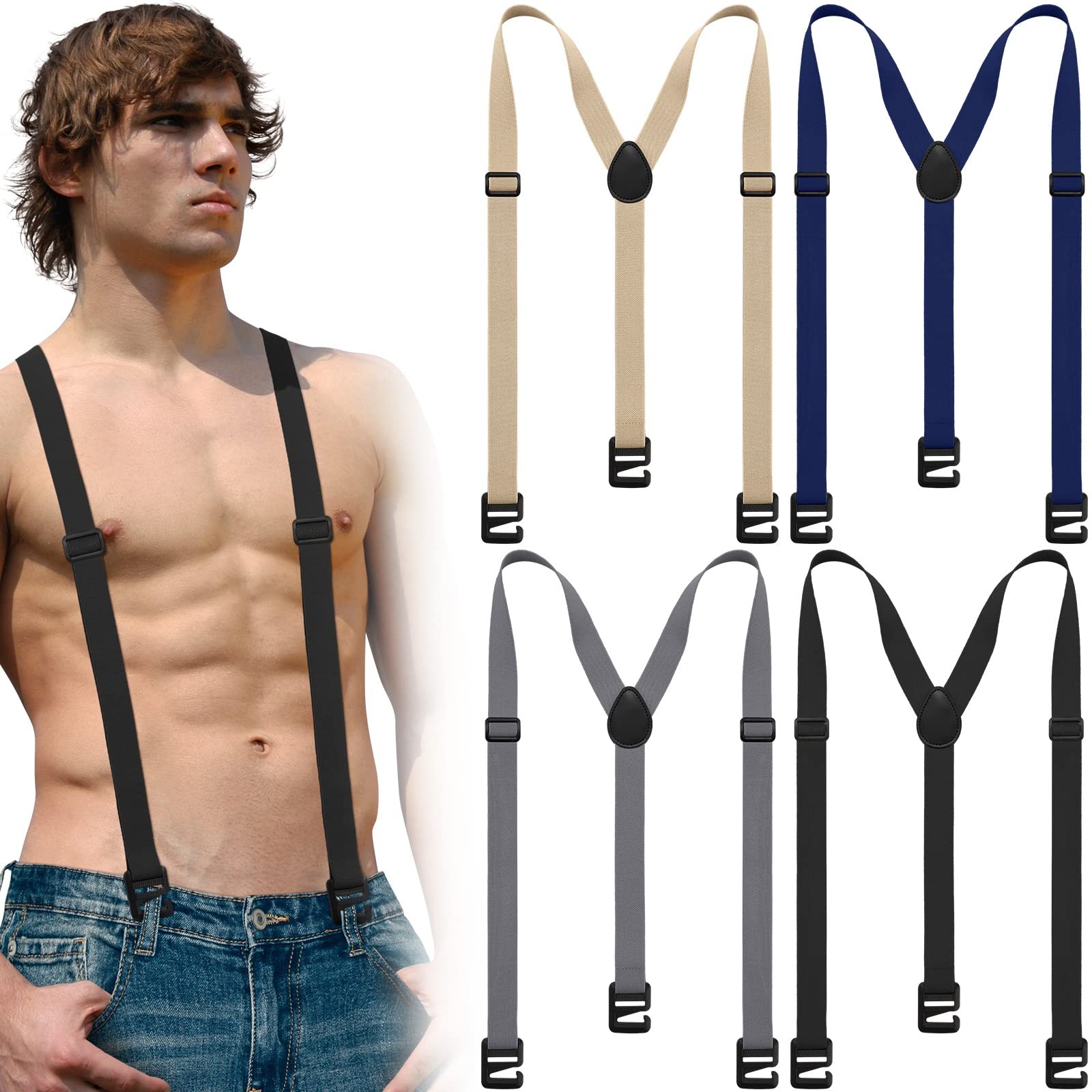 Janmercy 4 Pcs Hidden Suspenders for Men Large, Black, Beige, Gray, Navy Blue